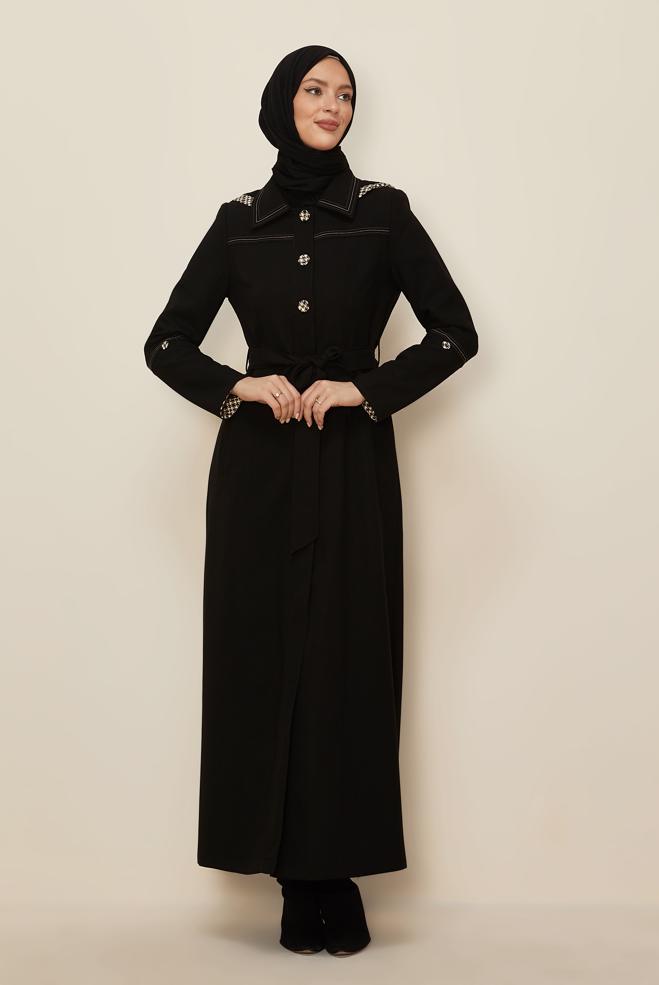 Hijab clothing BLACK BELTED TOPCOAT 10686 - ALVİNA