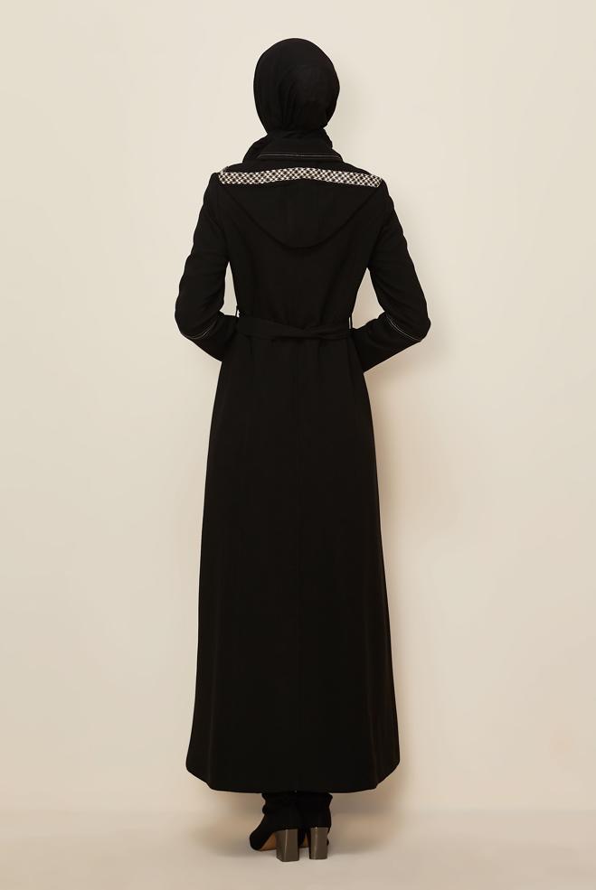 Hijab clothing BLACK BELTED TOPCOAT 10686 - ALVİNA
