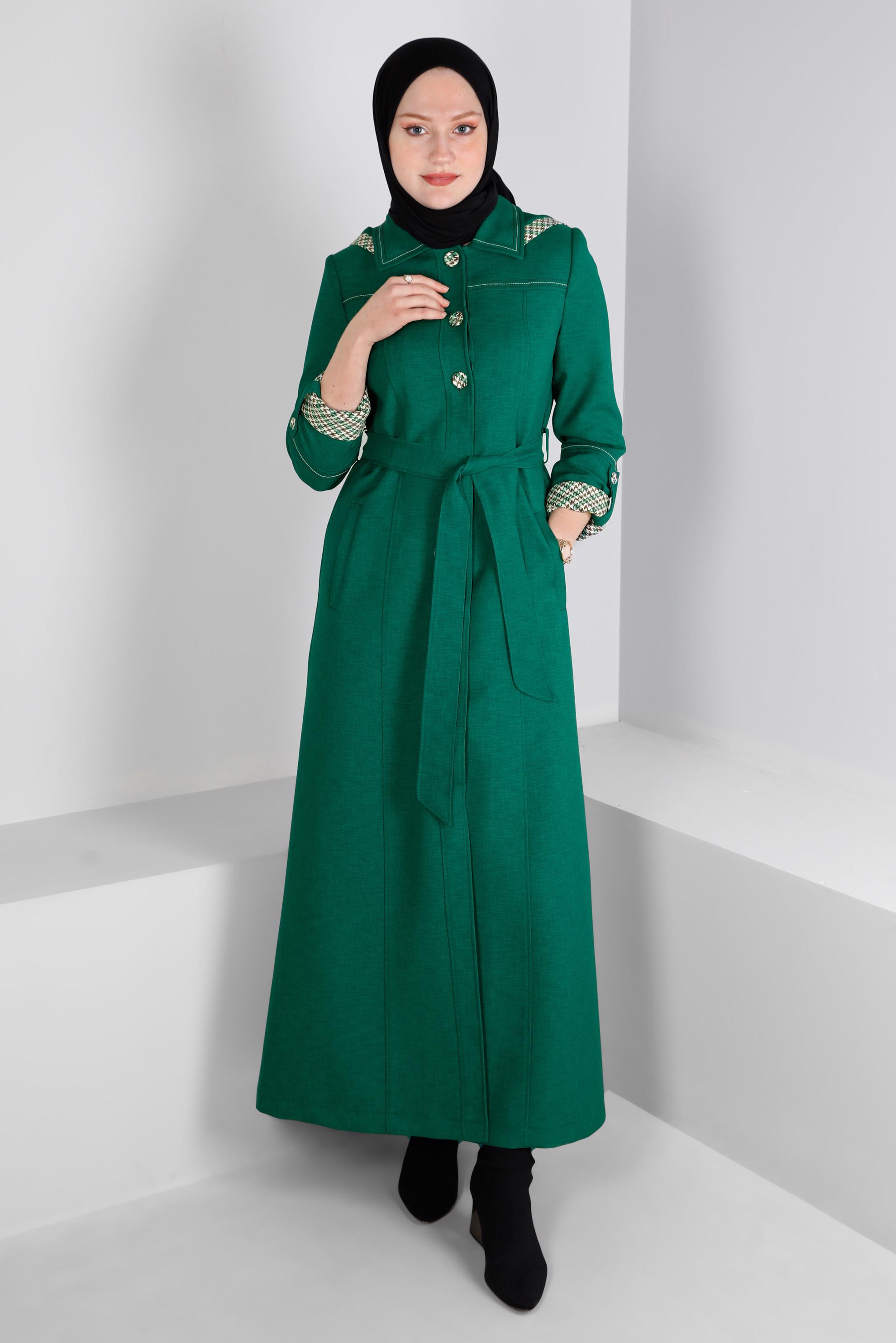Vêtements hijab VERT MANTEAU AVEC CEINTURE PIED-DE-POULE 10686