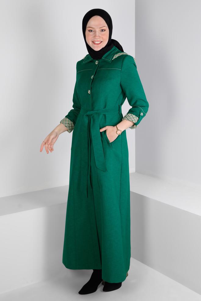 Vêtements hijab VERT MANTEAU AVEC CEINTURE PIED-DE-POULE 10686 - ALVİNA