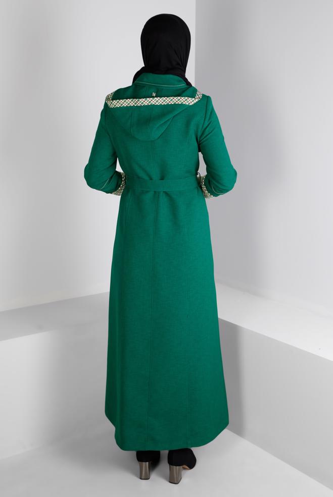 Vêtements hijab VERT MANTEAU AVEC CEINTURE PIED-DE-POULE 10686 - ALVİNA