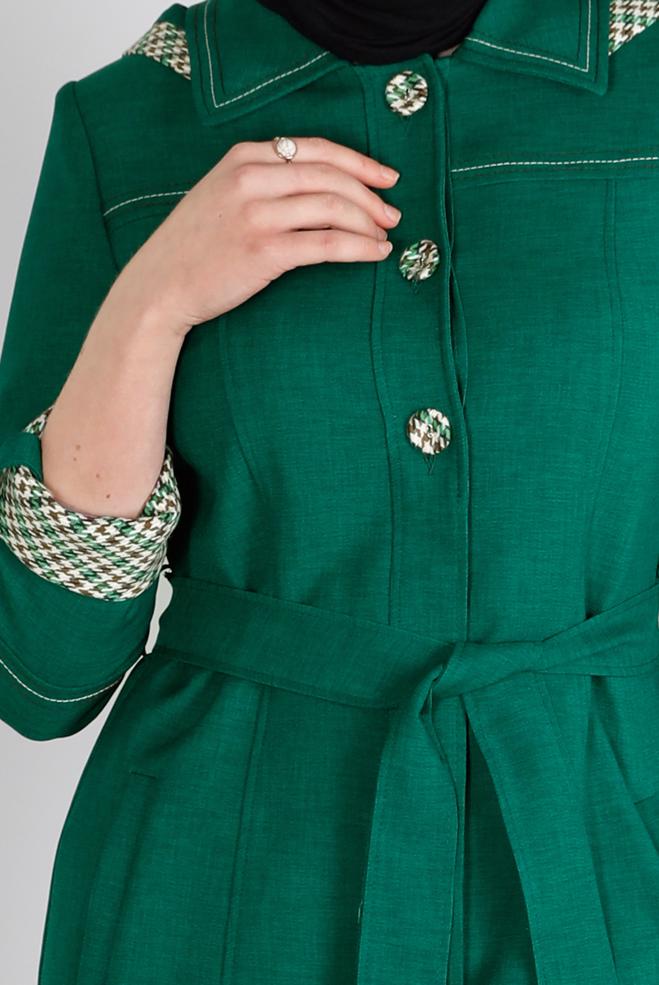 Vêtements hijab VERT MANTEAU AVEC CEINTURE PIED-DE-POULE 10686 - ALVİNA