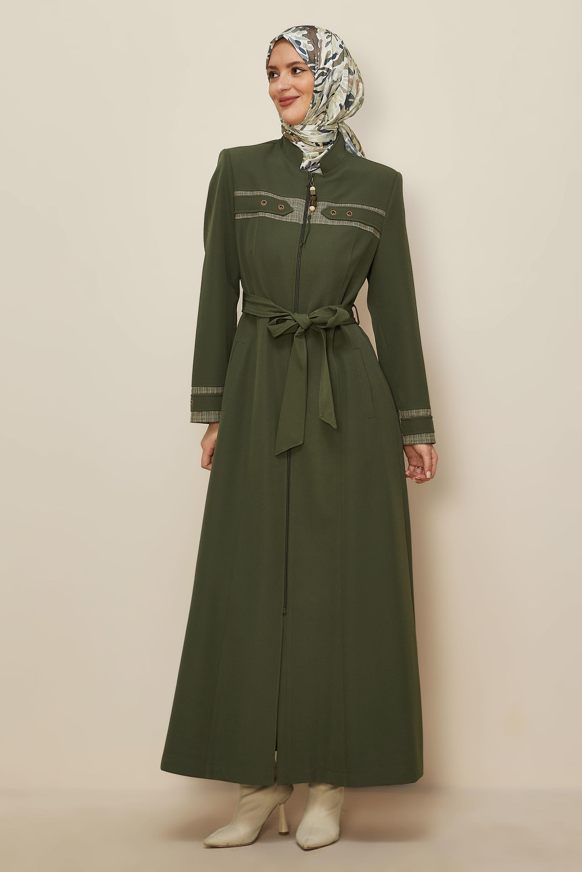 Vêtements hijab KAKI PARDESSUS ZIPPÉ AVEC CEINTURE 10687