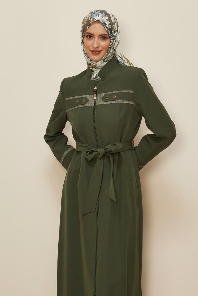 Vêtements hijab KAKI PARDESSUS ZIPPÉ AVEC CEINTURE 10687 - ALVİNA