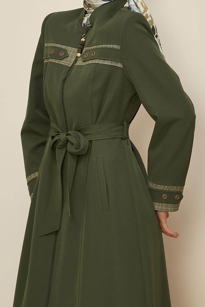 Vêtements hijab KAKI PARDESSUS ZIPPÉ AVEC CEINTURE 10687 - ALVİNA
