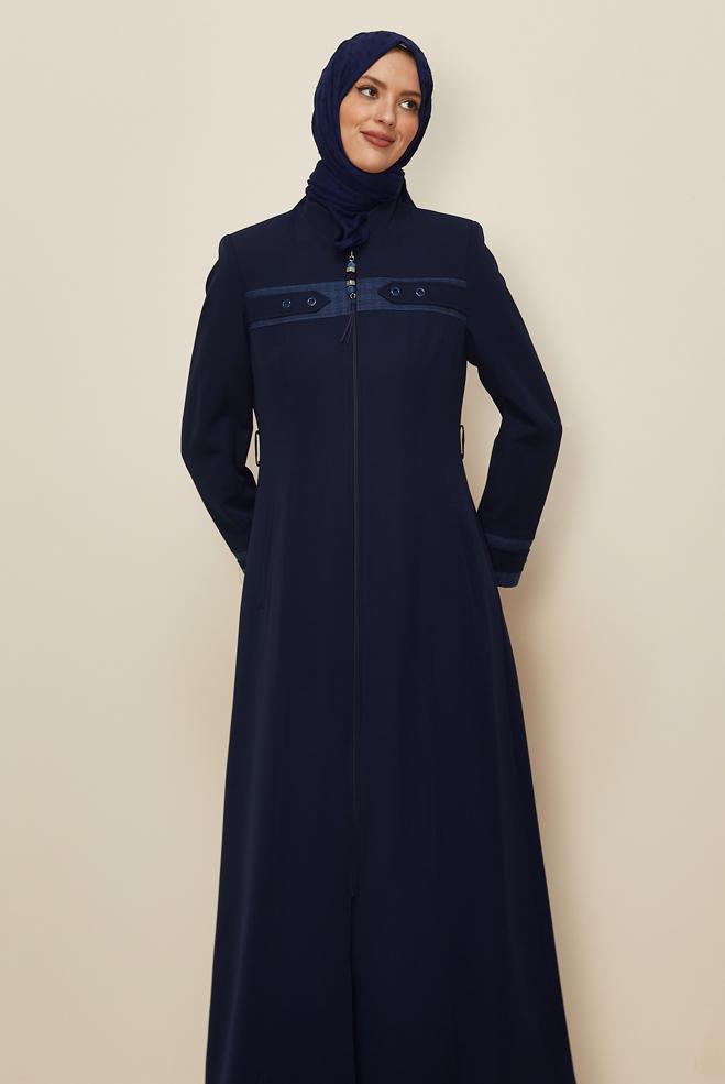 Vêtements hijab BLEU MARINE PARDESSUS ZIPPÉ AVEC CEINTURE 10687 - ALVİNA
