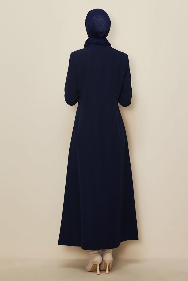 Vêtements hijab BLEU MARINE PARDESSUS ZIPPÉ AVEC CEINTURE 10687 - ALVİNA