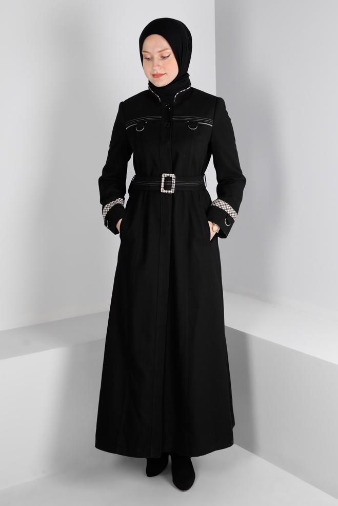 Vêtements hijab NOIR FERMETURE ÉCLAIR INVISIBLE COL MANDARINE TOP COAT 10691 - ALVİNA