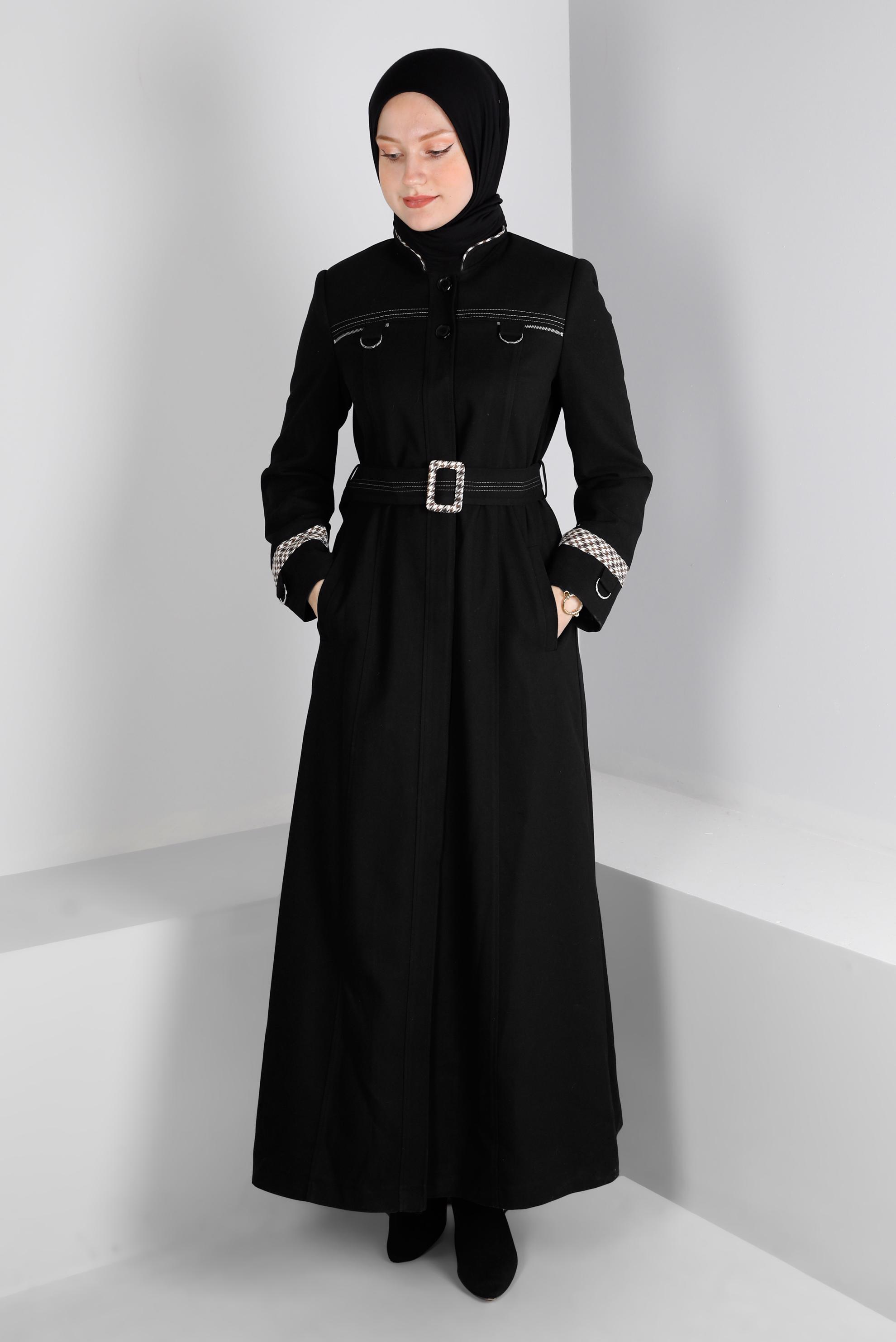 Vêtements hijab NOIR FERMETURE ÉCLAIR INVISIBLE COL MANDARINE TOP COAT 10691