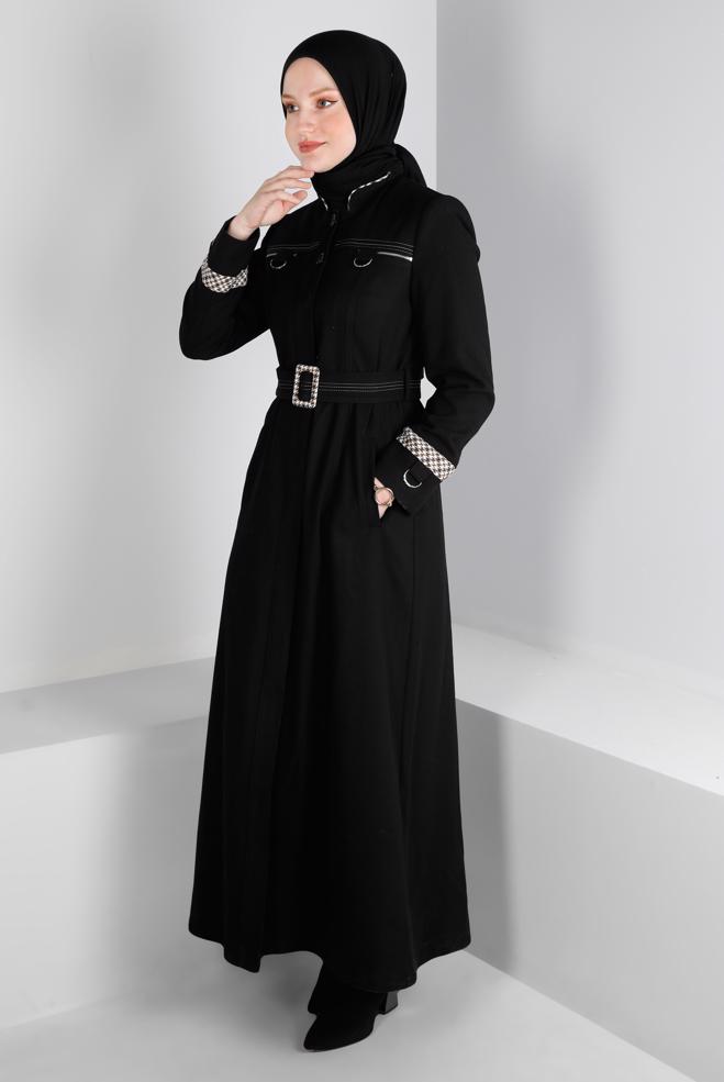 Vêtements hijab NOIR FERMETURE ÉCLAIR INVISIBLE COL MANDARINE TOP COAT 10691 - ALVİNA