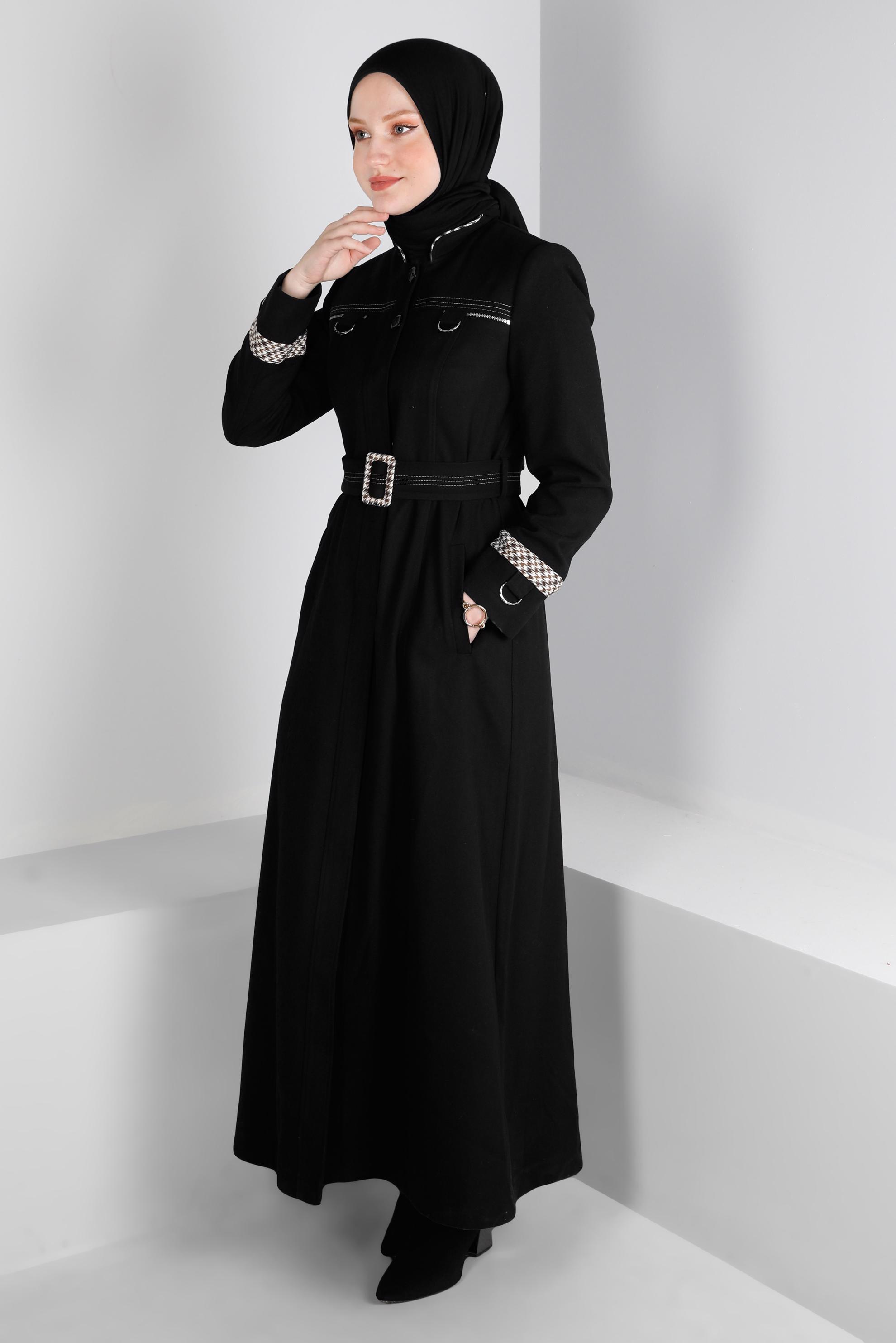 Vêtements hijab NOIR FERMETURE ÉCLAIR INVISIBLE COL MANDARINE TOP COAT 10691