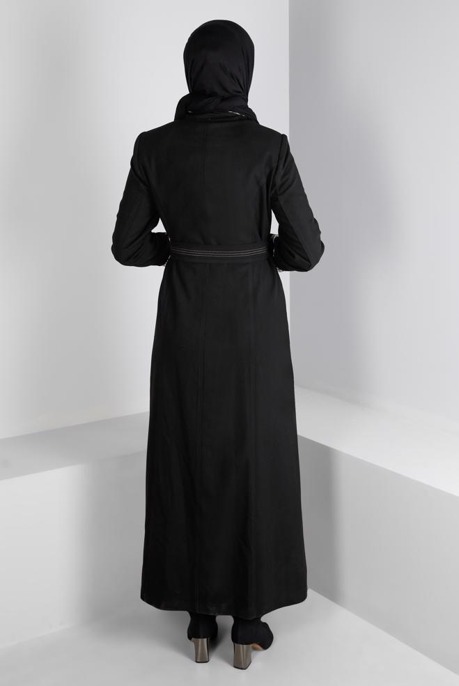 Vêtements hijab NOIR FERMETURE ÉCLAIR INVISIBLE COL MANDARINE TOP COAT 10691 - ALVİNA