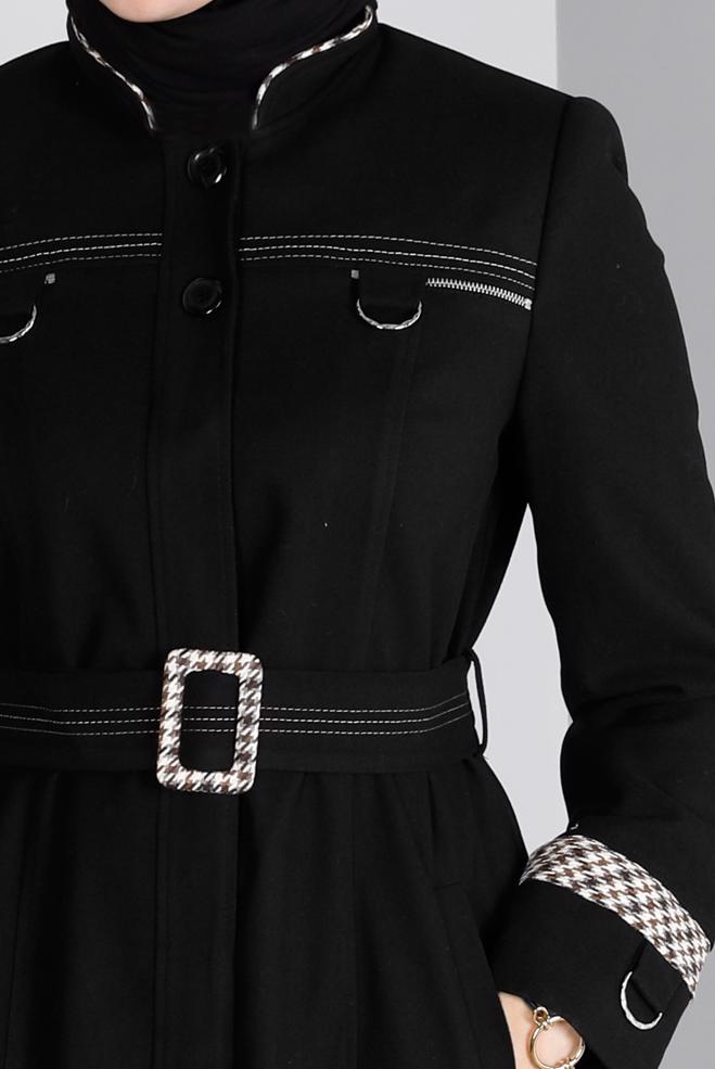 Vêtements hijab NOIR FERMETURE ÉCLAIR INVISIBLE COL MANDARINE TOP COAT 10691 - ALVİNA