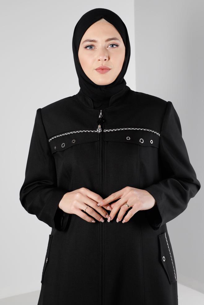 Vêtements hijab NOIR MANTEAU COL MANDARİN ZIPPÉ PARDESUS 10694 - ALVİNA