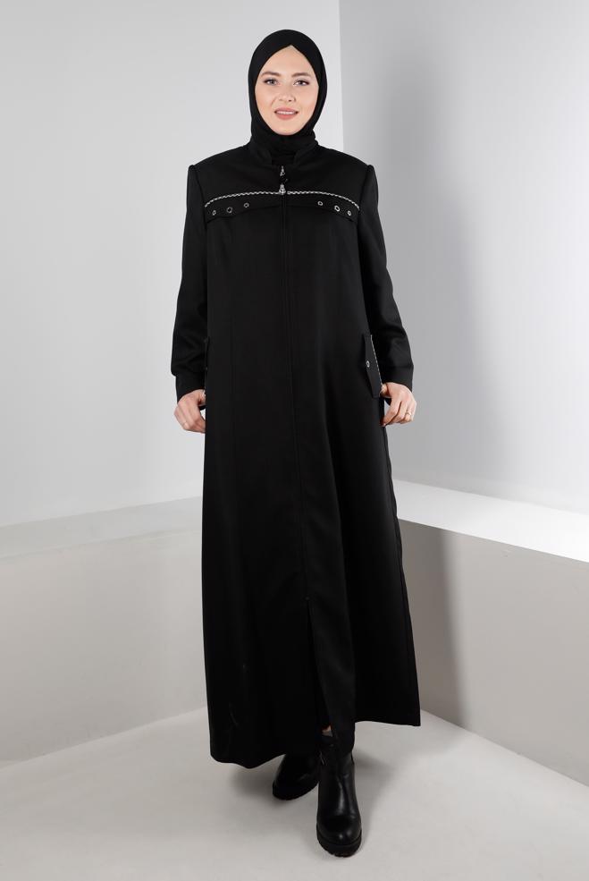 Vêtements hijab NOIR MANTEAU COL MANDARİN ZIPPÉ PARDESUS 10694 - ALVİNA