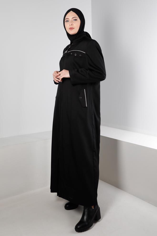 Vêtements hijab NOIR MANTEAU COL MANDARİN ZIPPÉ PARDESUS 10694 - ALVİNA