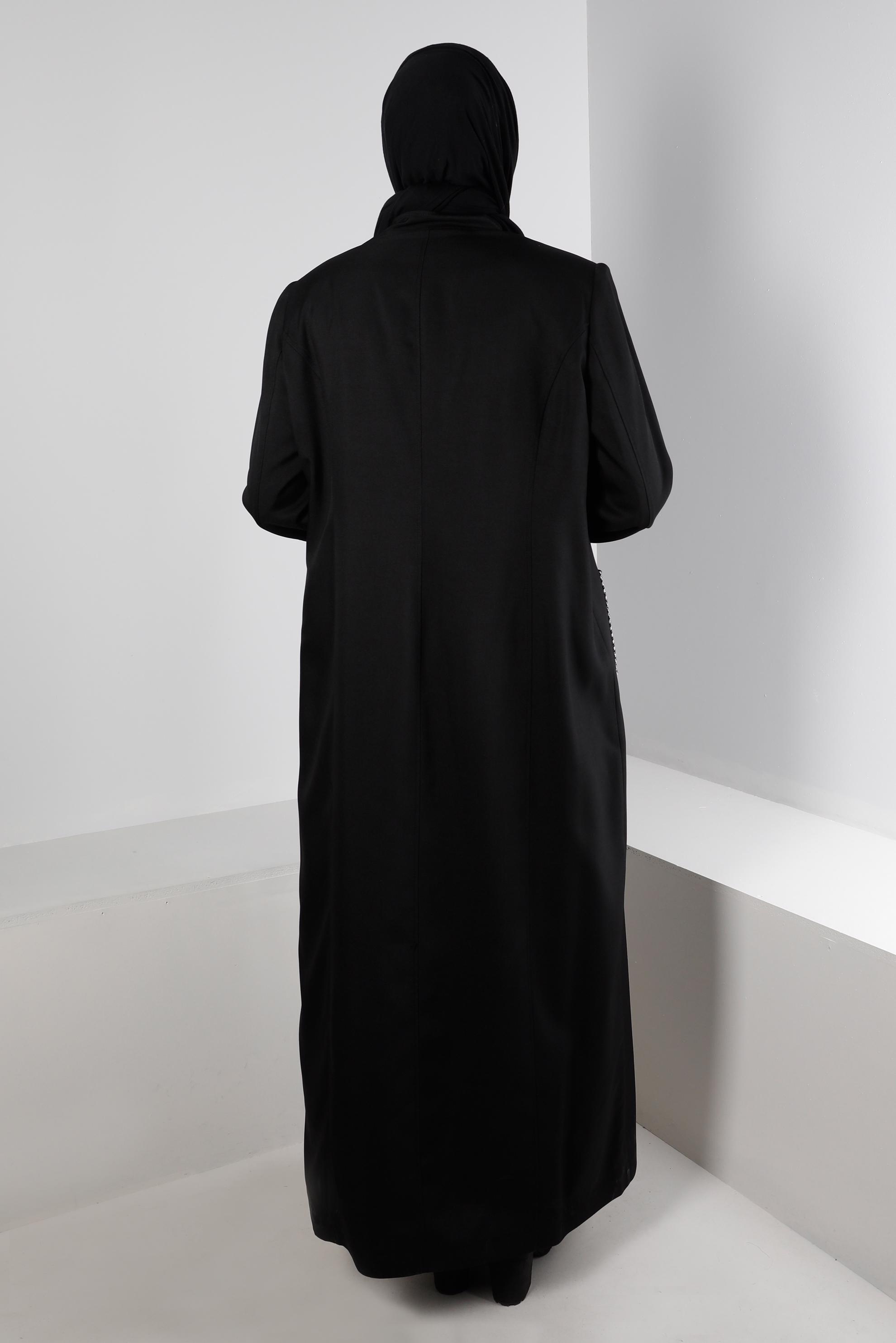 Tesettür giyim SİYAH HAKİM YAKA FERMUARLI PARDESÜ 10694