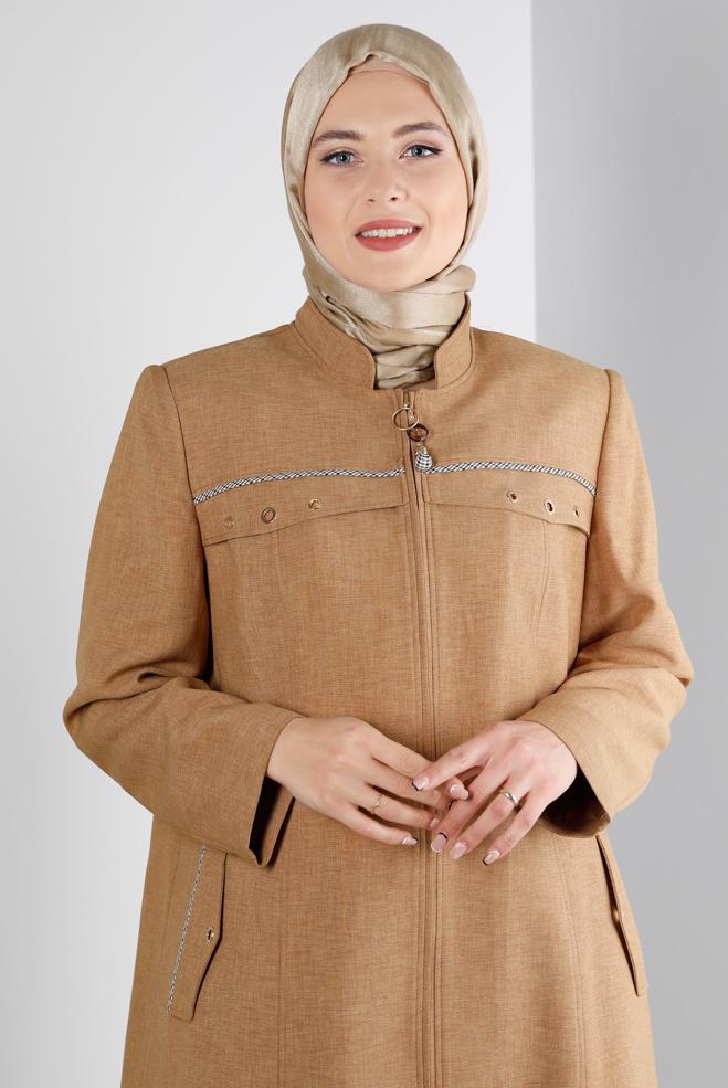 Vêtements hijab JAUNE MANTEAU COL MANDARİN ZIPPÉ PARDESUS 10694 - ALVİNA
