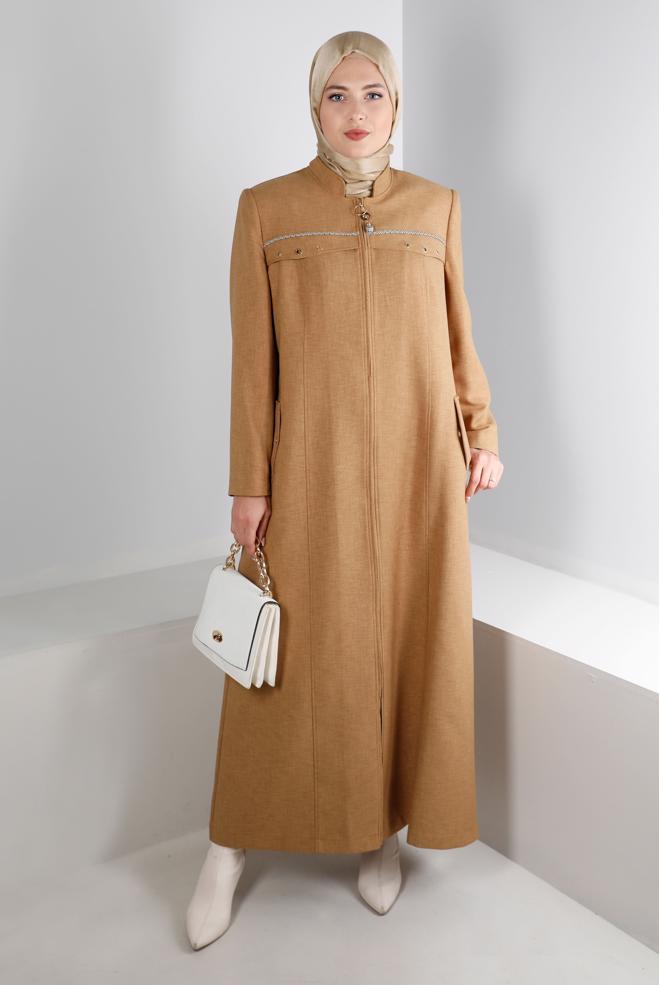 Vêtements hijab JAUNE MANTEAU COL MANDARİN ZIPPÉ PARDESUS 10694 - ALVİNA