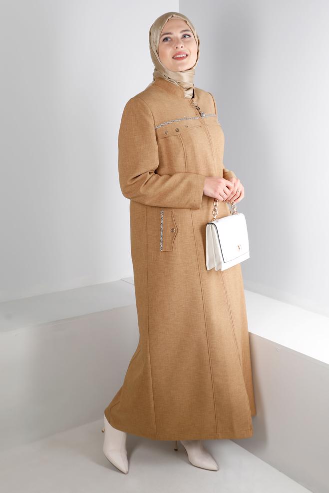 Vêtements hijab JAUNE MANTEAU COL MANDARİN ZIPPÉ PARDESUS 10694 - ALVİNA