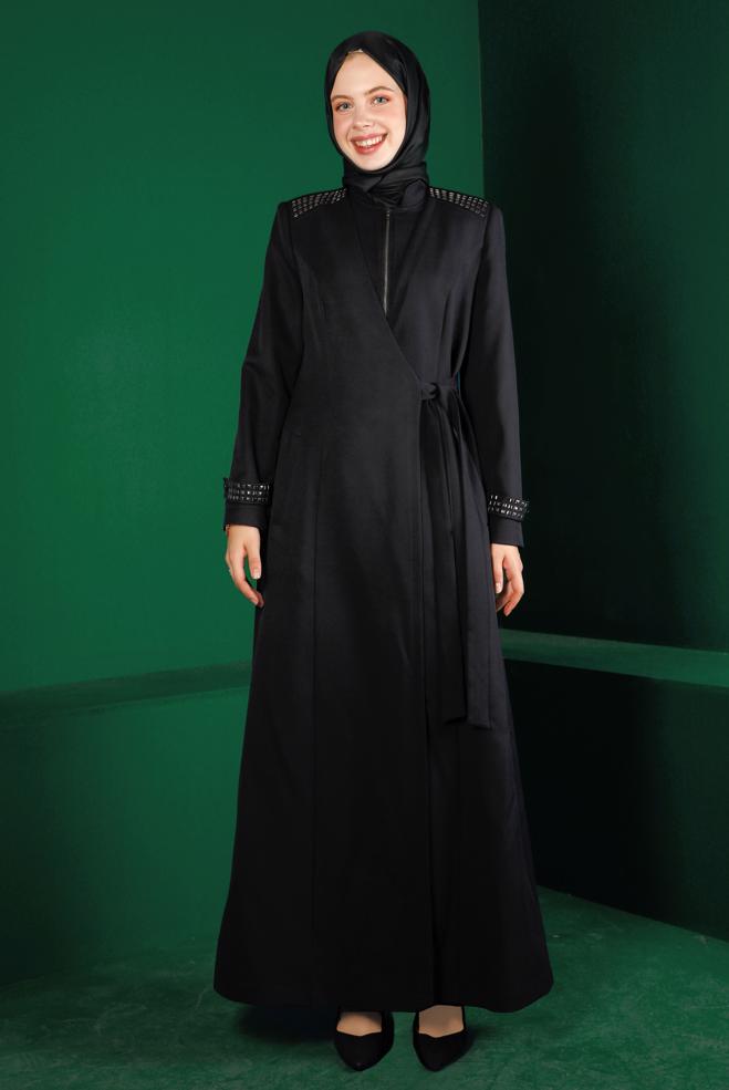 Tesettür giyim SİYAH ZIMBA DETAYLI YANDAN BAĞLAMALI PARDESÜ 10677 - ALVİNA