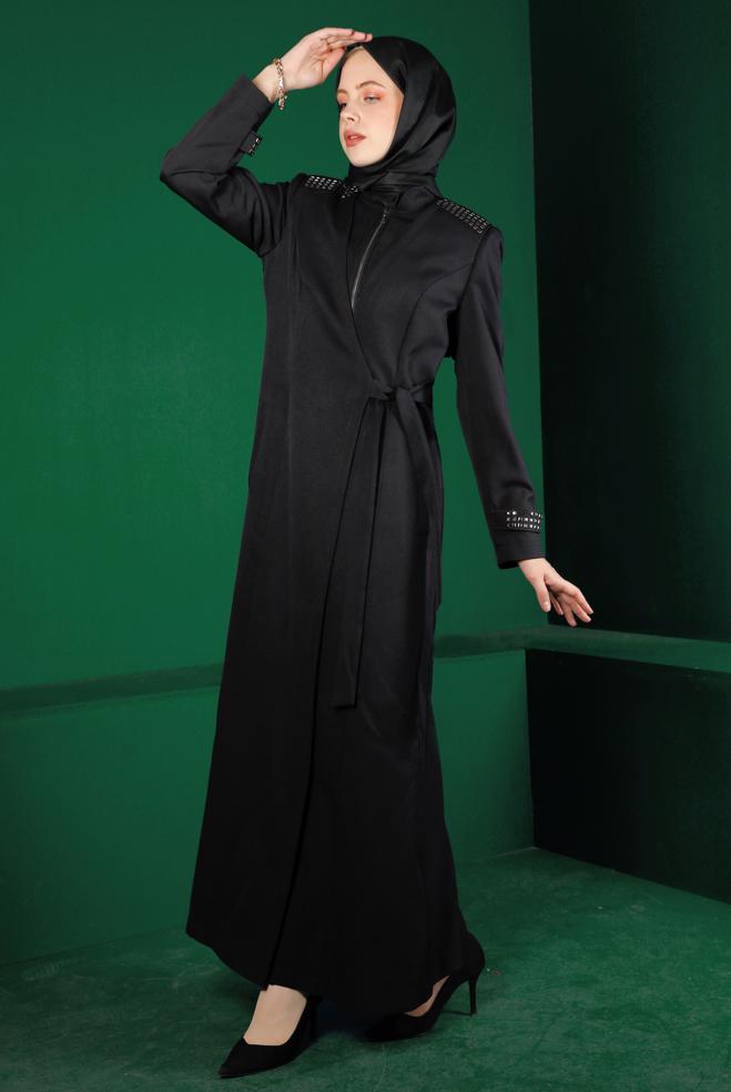 Tesettür giyim SİYAH ZIMBA DETAYLI YANDAN BAĞLAMALI PARDESÜ 10677 - ALVİNA