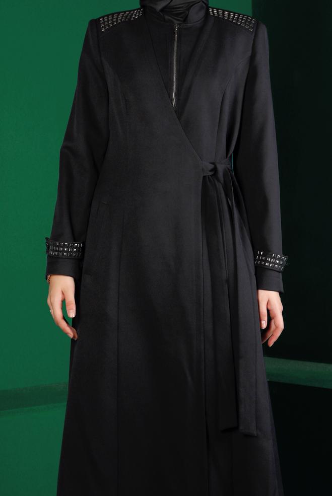 Tesettür giyim SİYAH ZIMBA DETAYLI YANDAN BAĞLAMALI PARDESÜ 10677 - ALVİNA