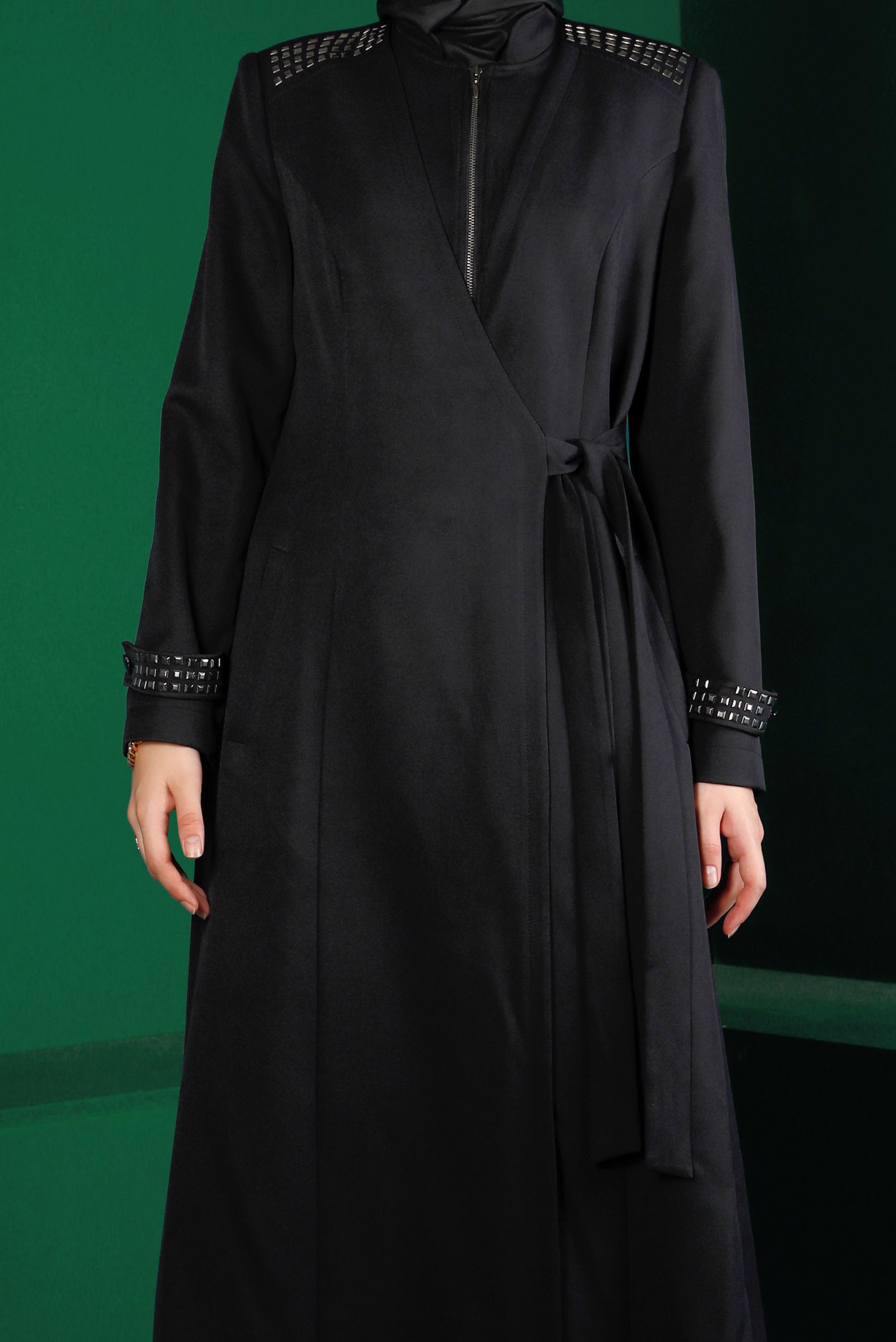 Tesettür giyim SİYAH ZIMBA DETAYLI YANDAN BAĞLAMALI PARDESÜ 10677