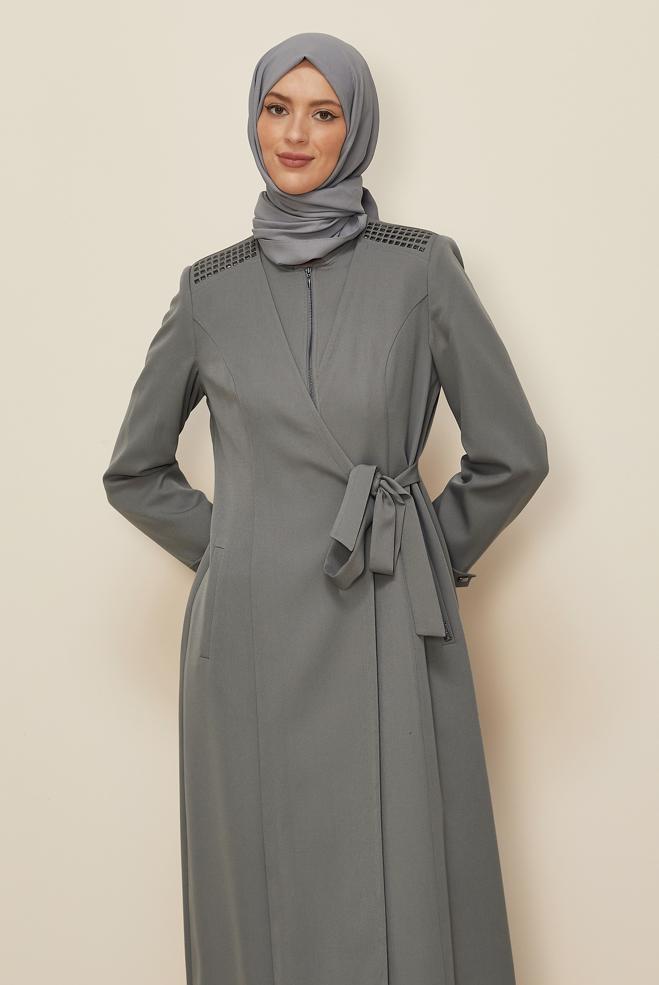 Vêtements hijab GRIS PARDESSUS DÉTAIL NOUÉ 10677 - ALVİNA