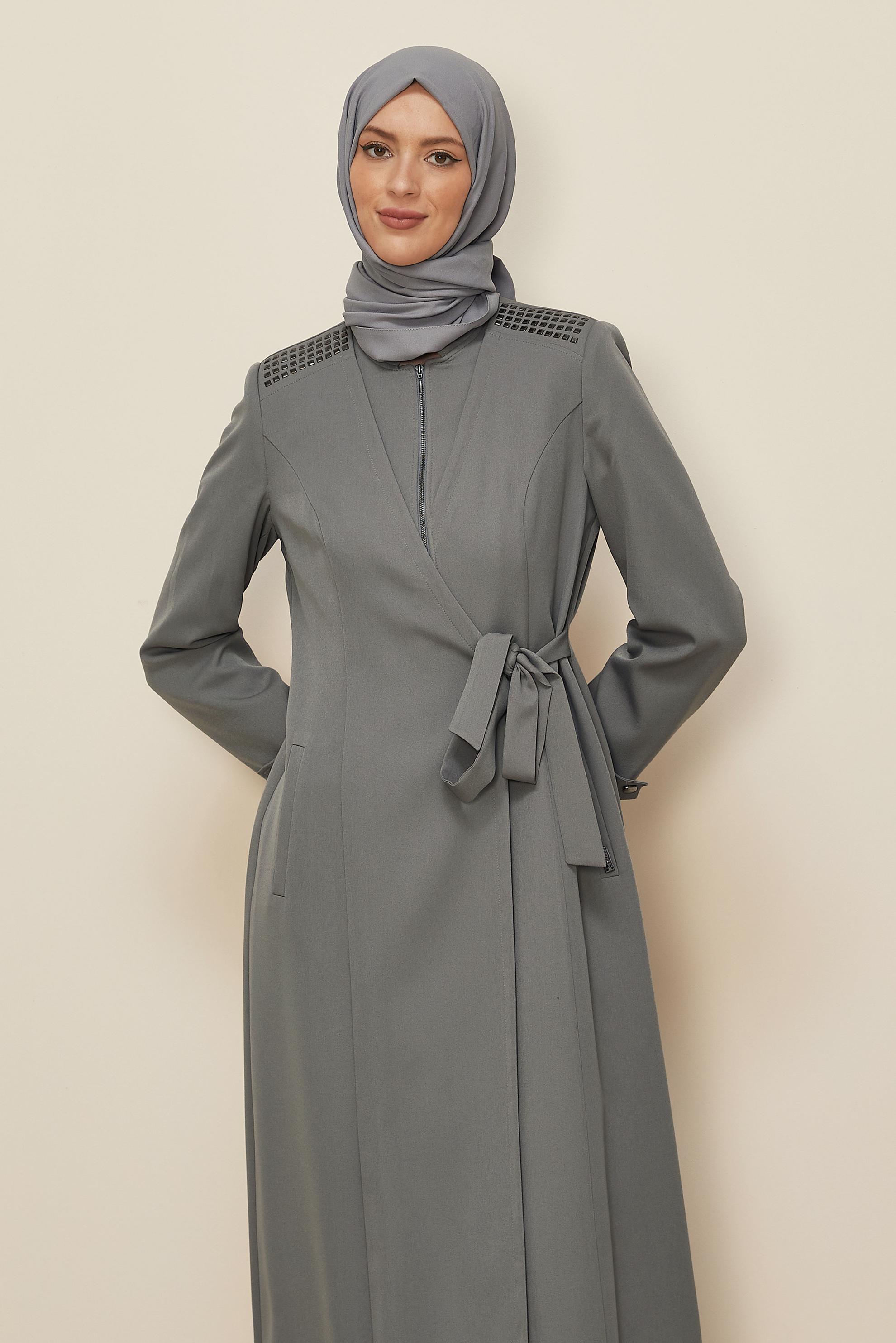Vêtements hijab GRIS PARDESSUS DÉTAIL NOUÉ 10677
