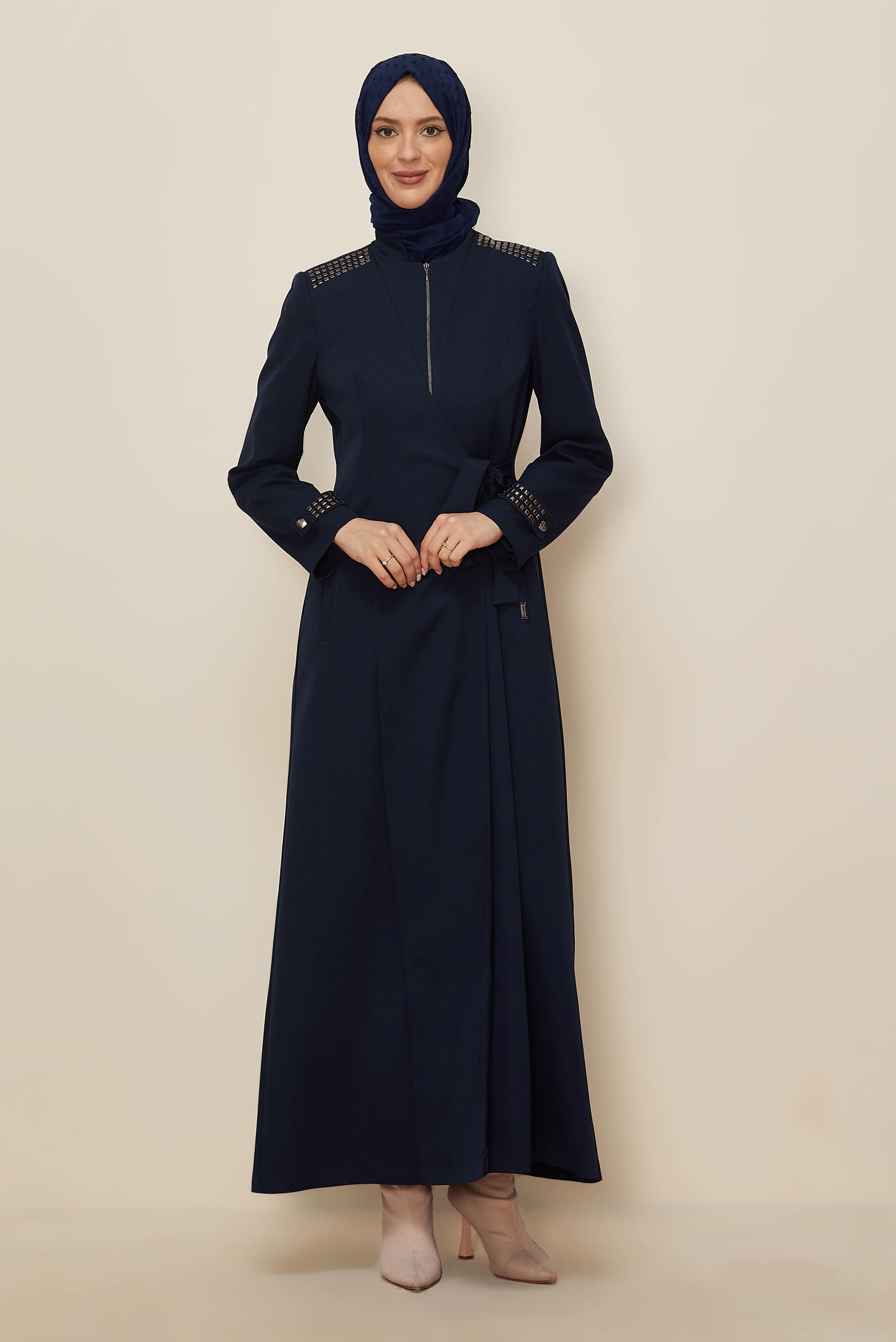 Vêtements hijab BLEU MARINE PARDESSUS DÉTAIL NOUÉ 10677