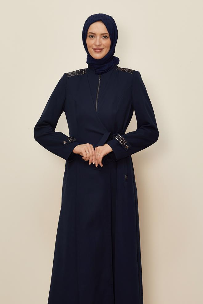 Vêtements hijab BLEU MARINE PARDESSUS DÉTAIL NOUÉ 10677 - ALVİNA
