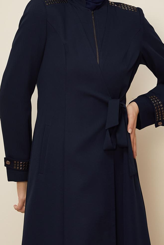 Vêtements hijab BLEU MARINE PARDESSUS DÉTAIL NOUÉ 10677 - ALVİNA