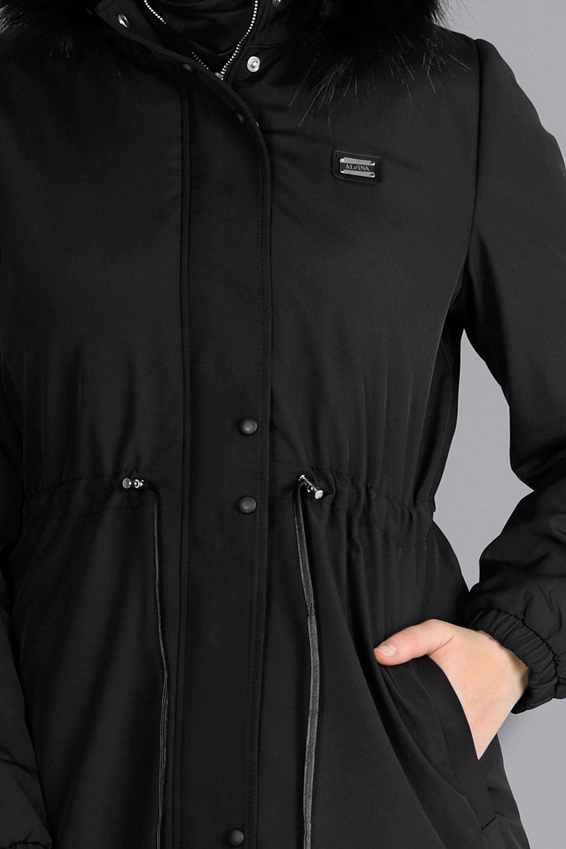 Tesettür giyim SİYAH KAPÜŞONU KÜRKLÜ BELİ BÜZGÜLÜ PARKA 90369