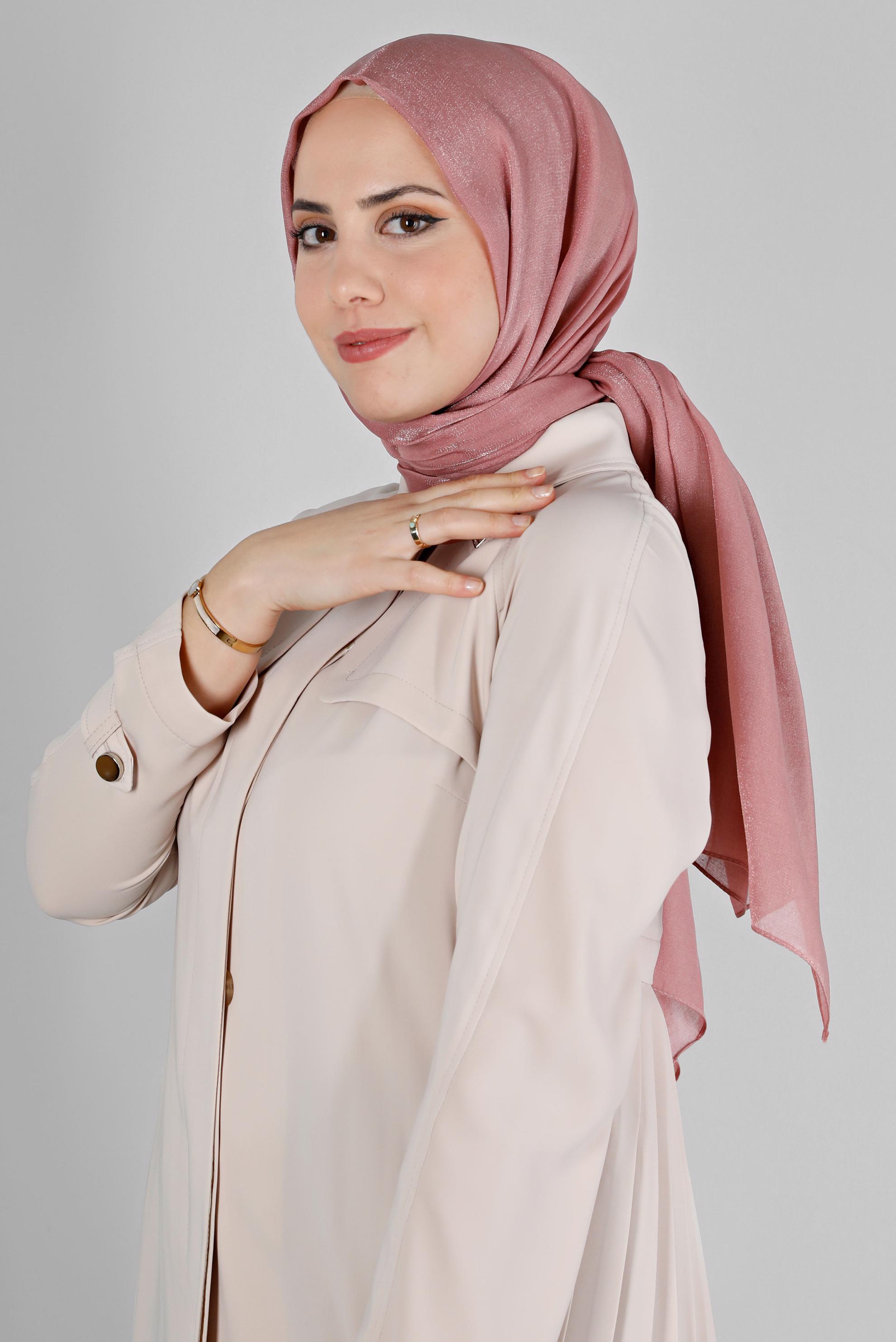 Tesettür giyim PUDRA ALVİNA PARILTI BANTLI ŞAL 8210