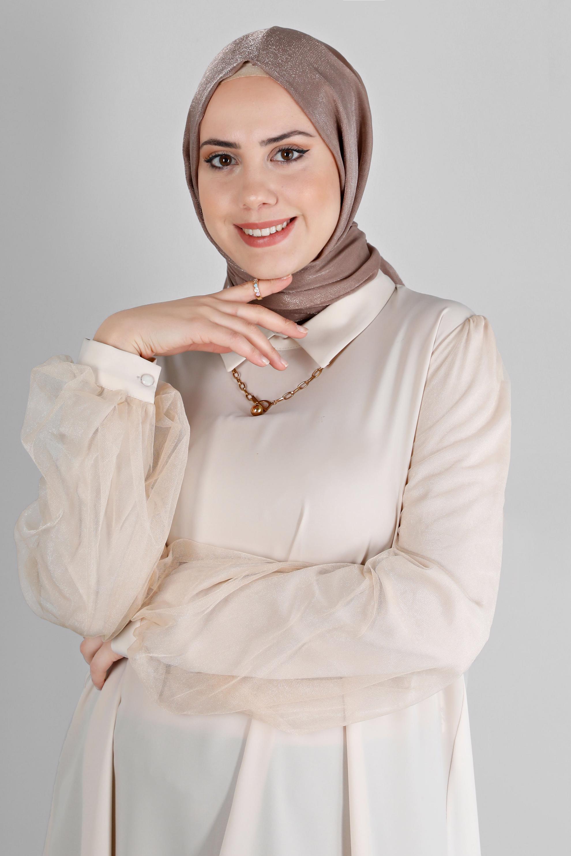 Tesettür giyim KAHVE ALVİNA PARILTI BANTLI ŞAL 8210