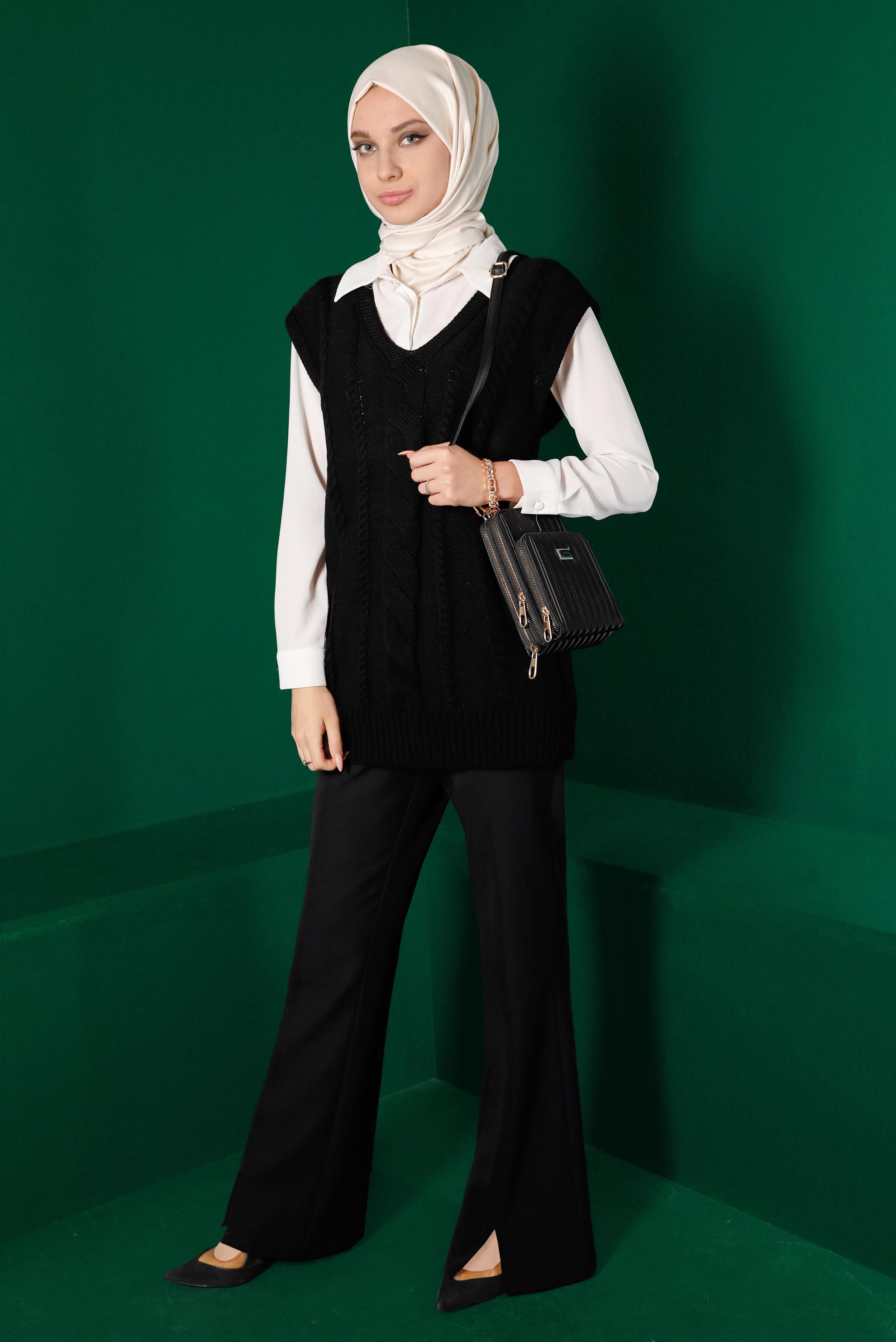 Hijab clothing BLACK CABLE KNIT PATTERN KNITWEAR SWEATER 43122