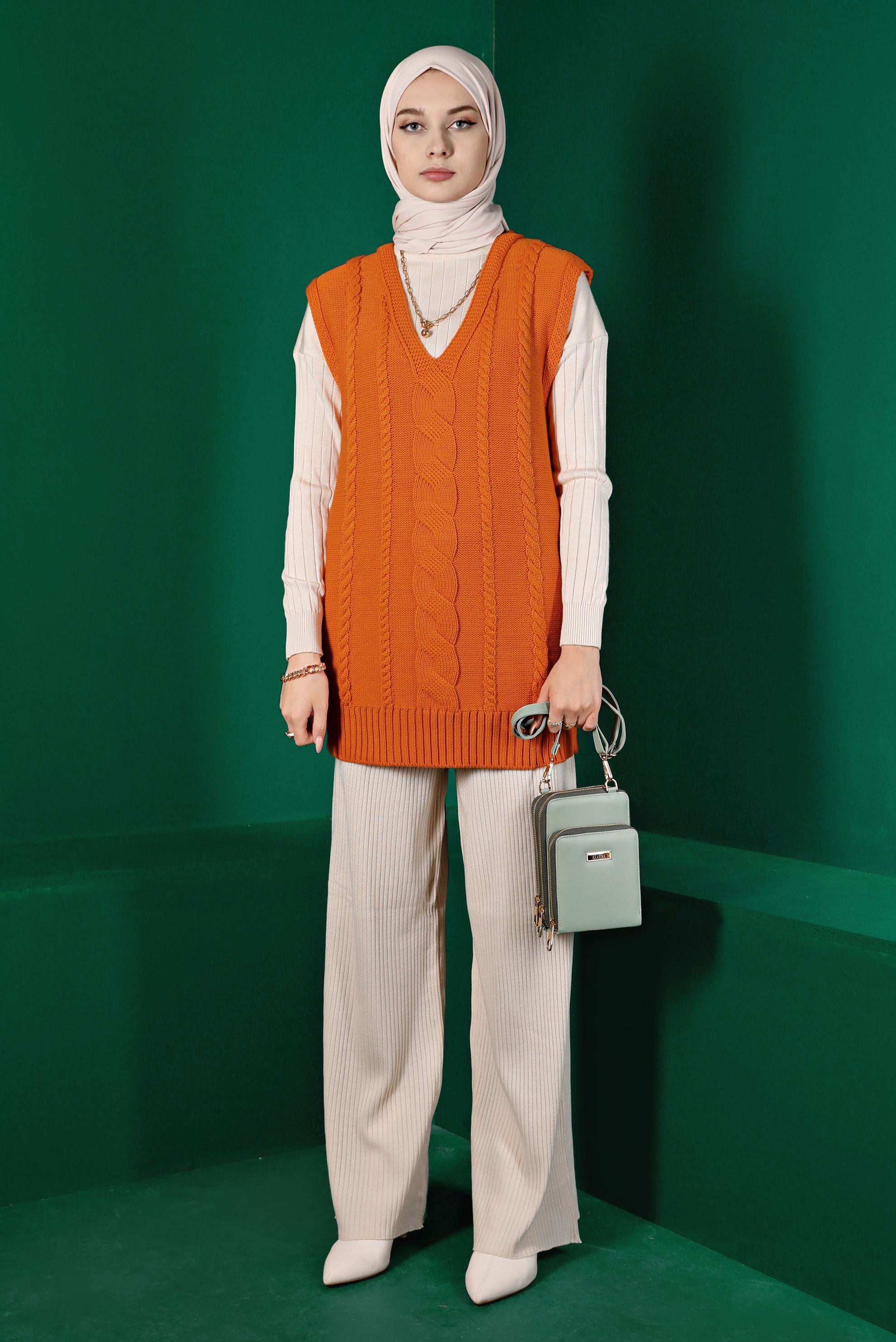 Vêtements hijab ORANGE PULL EN MAILLE TORSADÊE 43122	