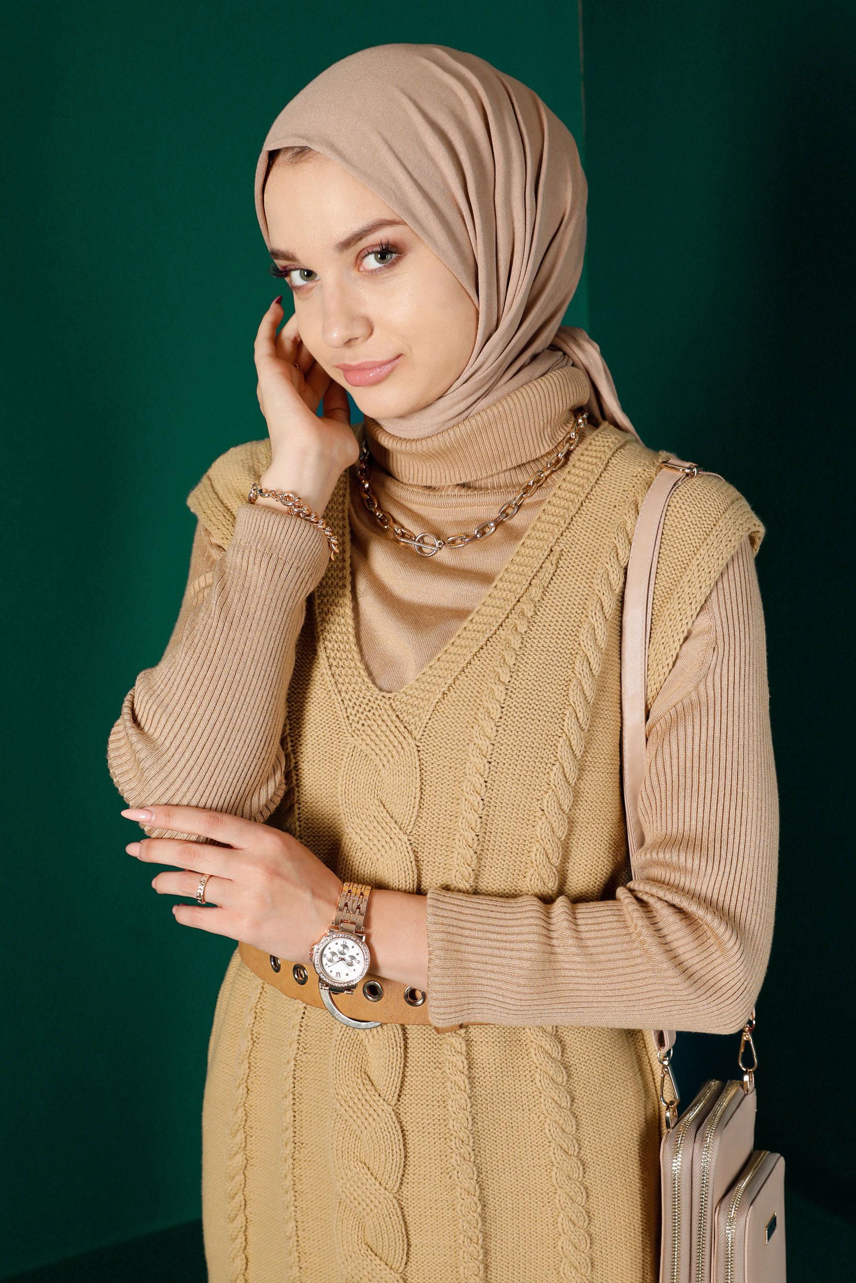 Hijab clothing BROWN CABLE KNIT PATTERN KNITWEAR SWEATER 43122