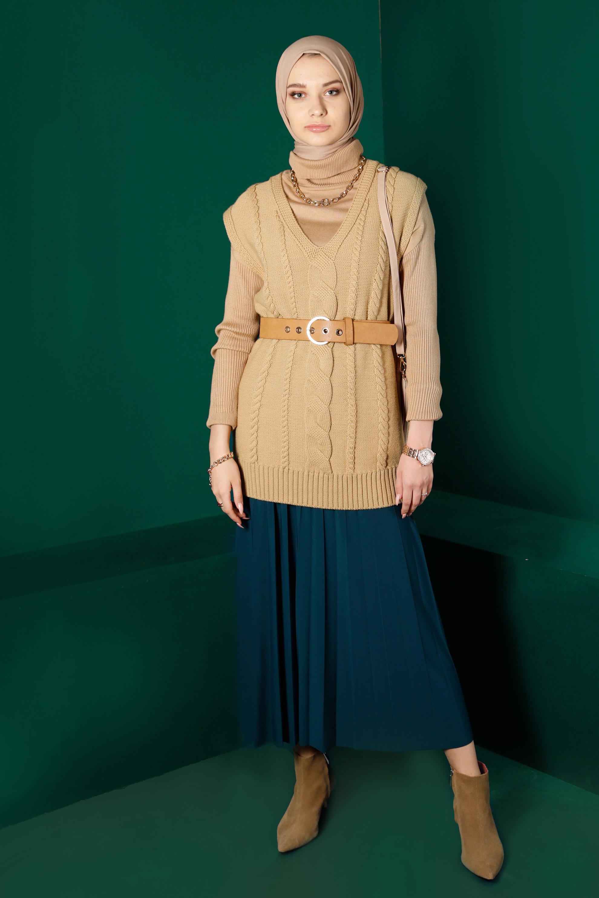 Hijab clothing BROWN CABLE KNIT PATTERN KNITWEAR SWEATER 43122