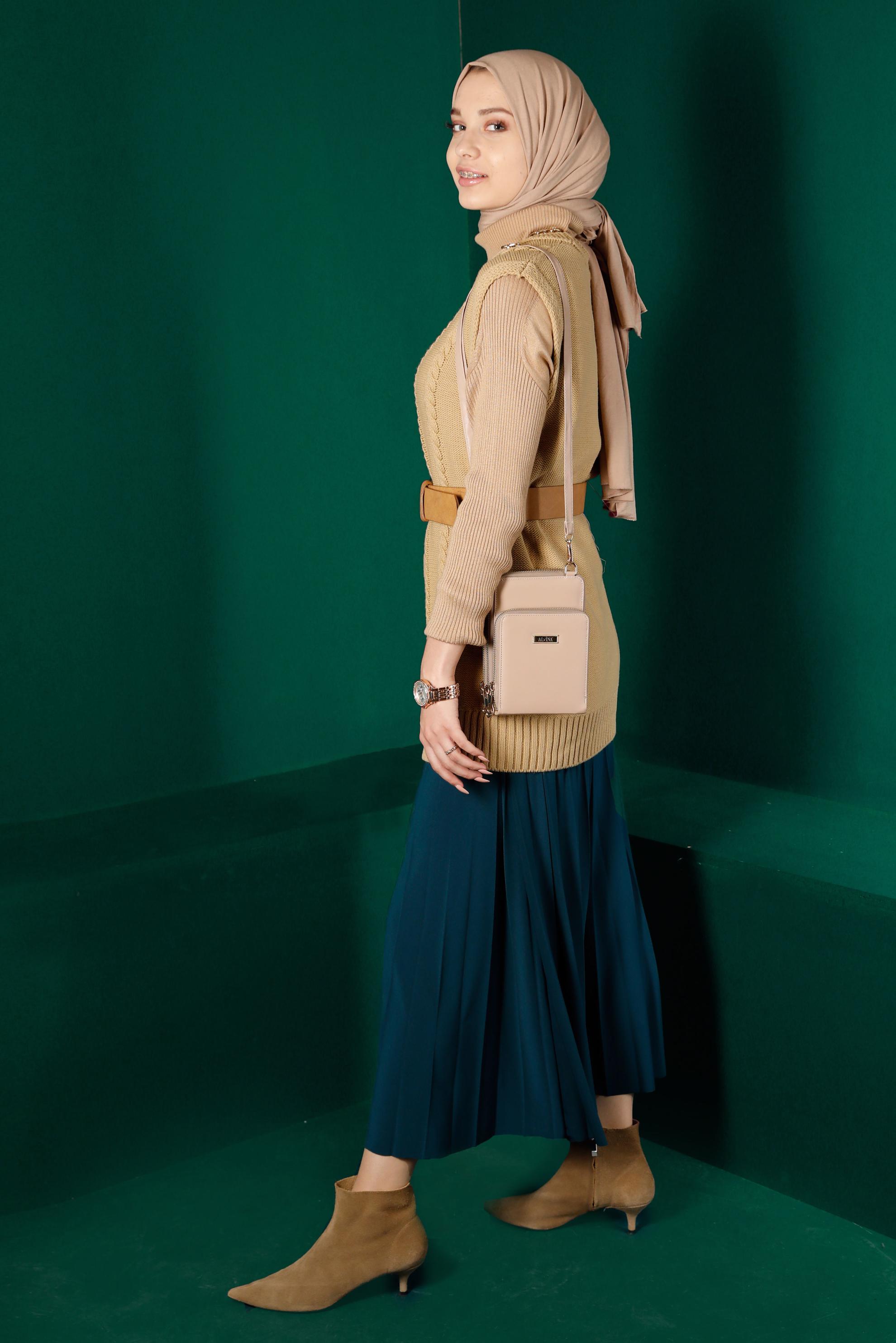 Hijab clothing BROWN CABLE KNIT PATTERN KNITWEAR SWEATER 43122