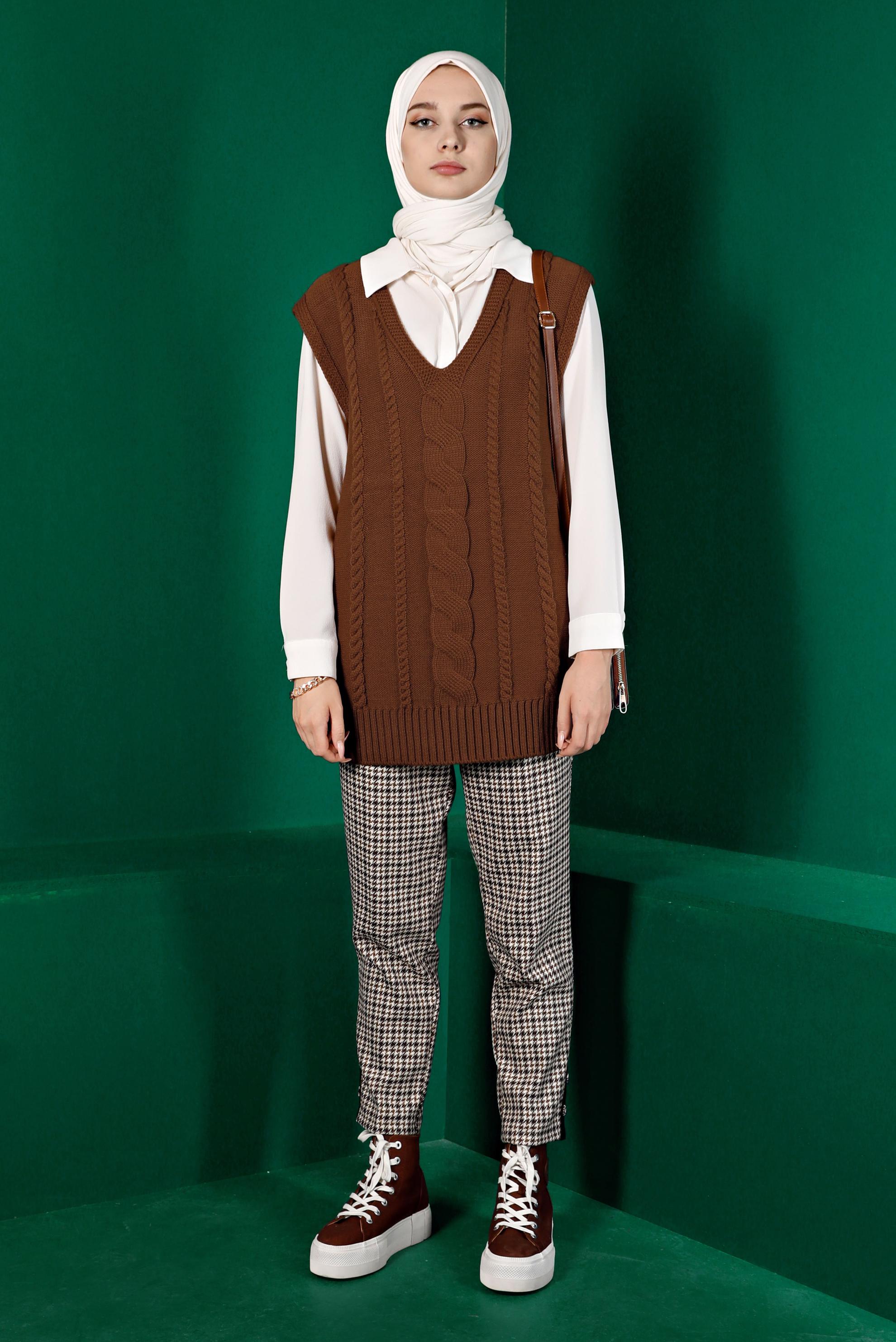 Tesettür giyim TABA ÖRGÜ DETAYLI TRİKO SÜVETER 43122	