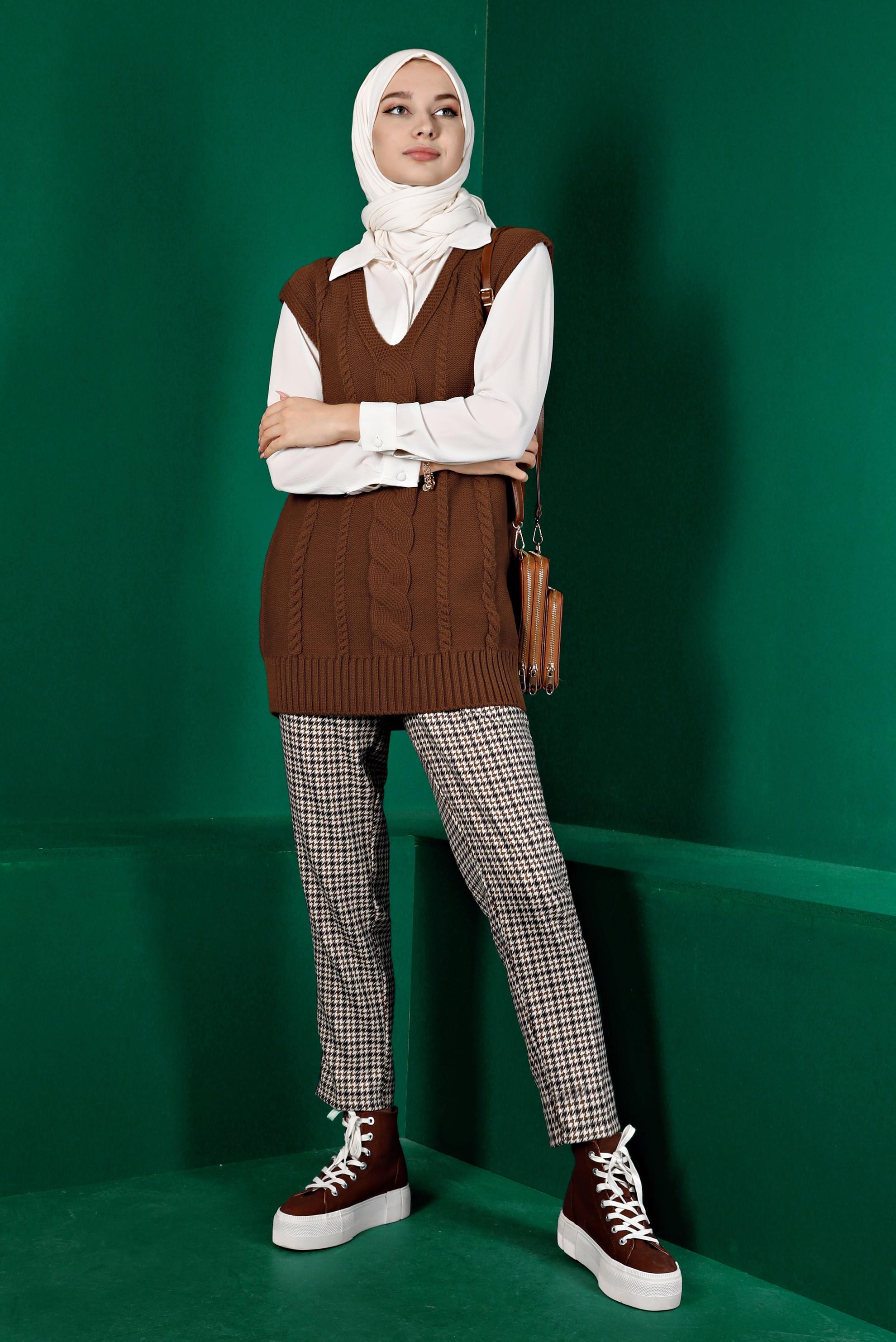 Tesettür giyim TABA ÖRGÜ DETAYLI TRİKO SÜVETER 43122	