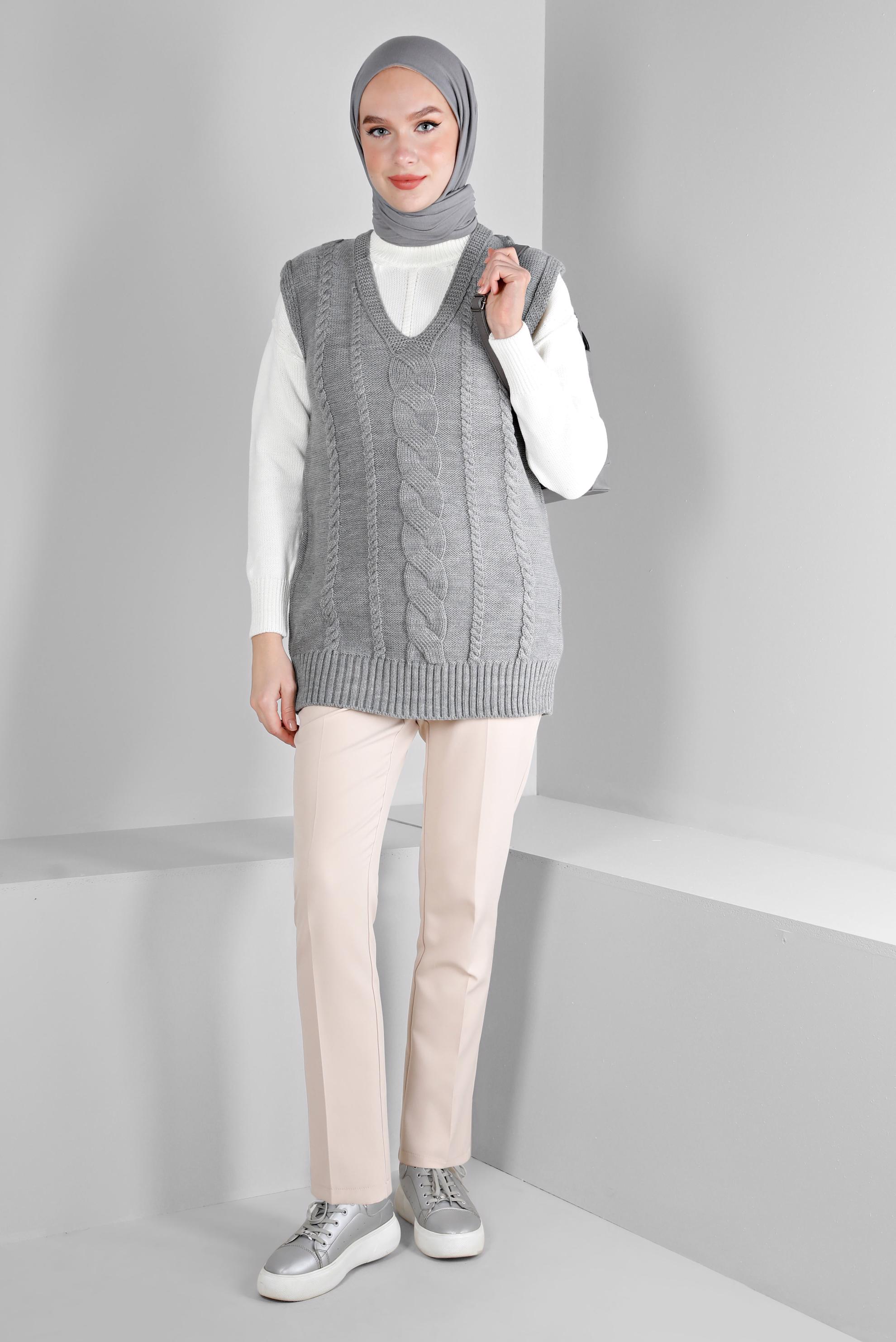 Tesettür giyim GRİ ÖRGÜ DETAYLI TRİKO SÜVETER 43122	