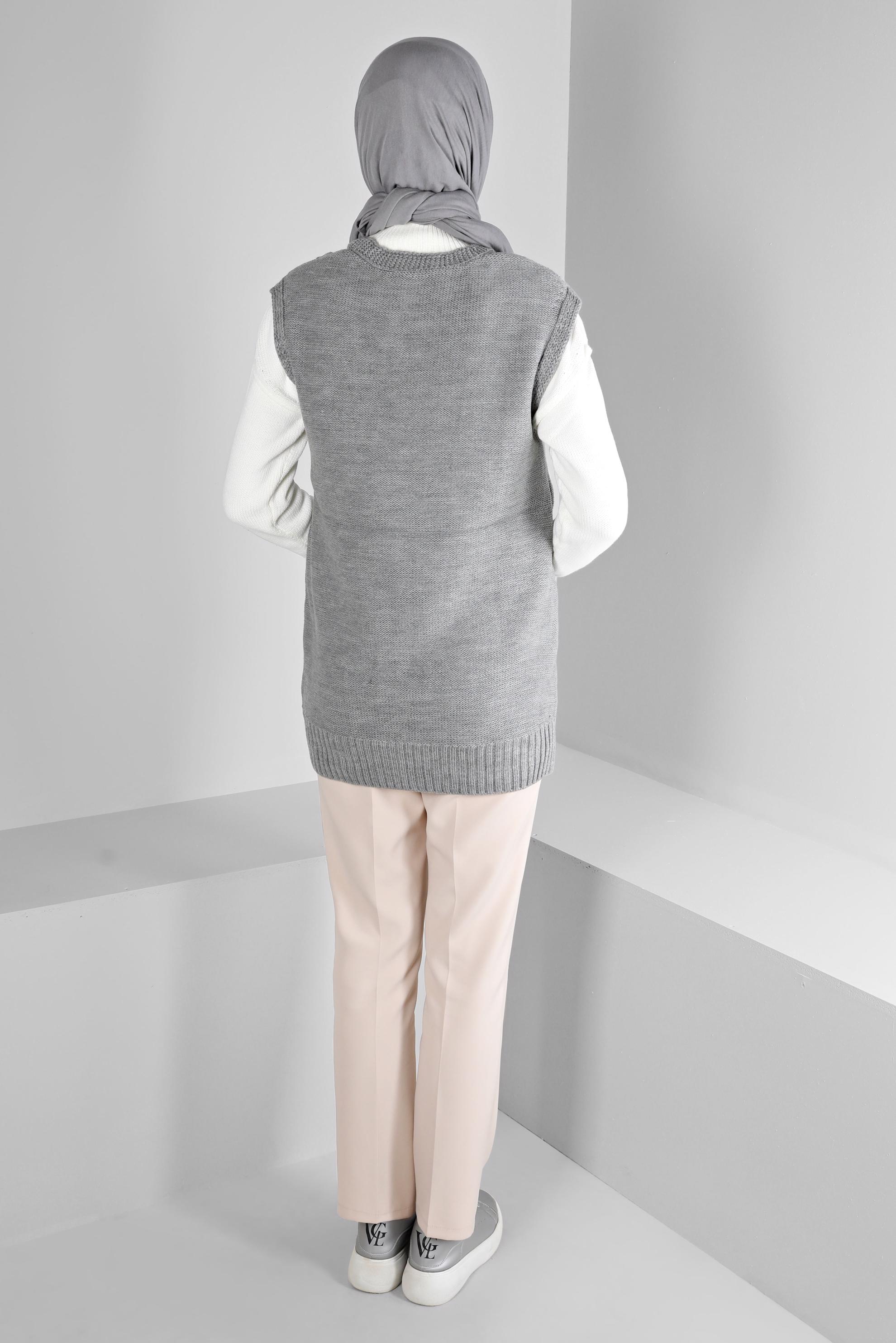 Tesettür giyim GRİ ÖRGÜ DETAYLI TRİKO SÜVETER 43122	