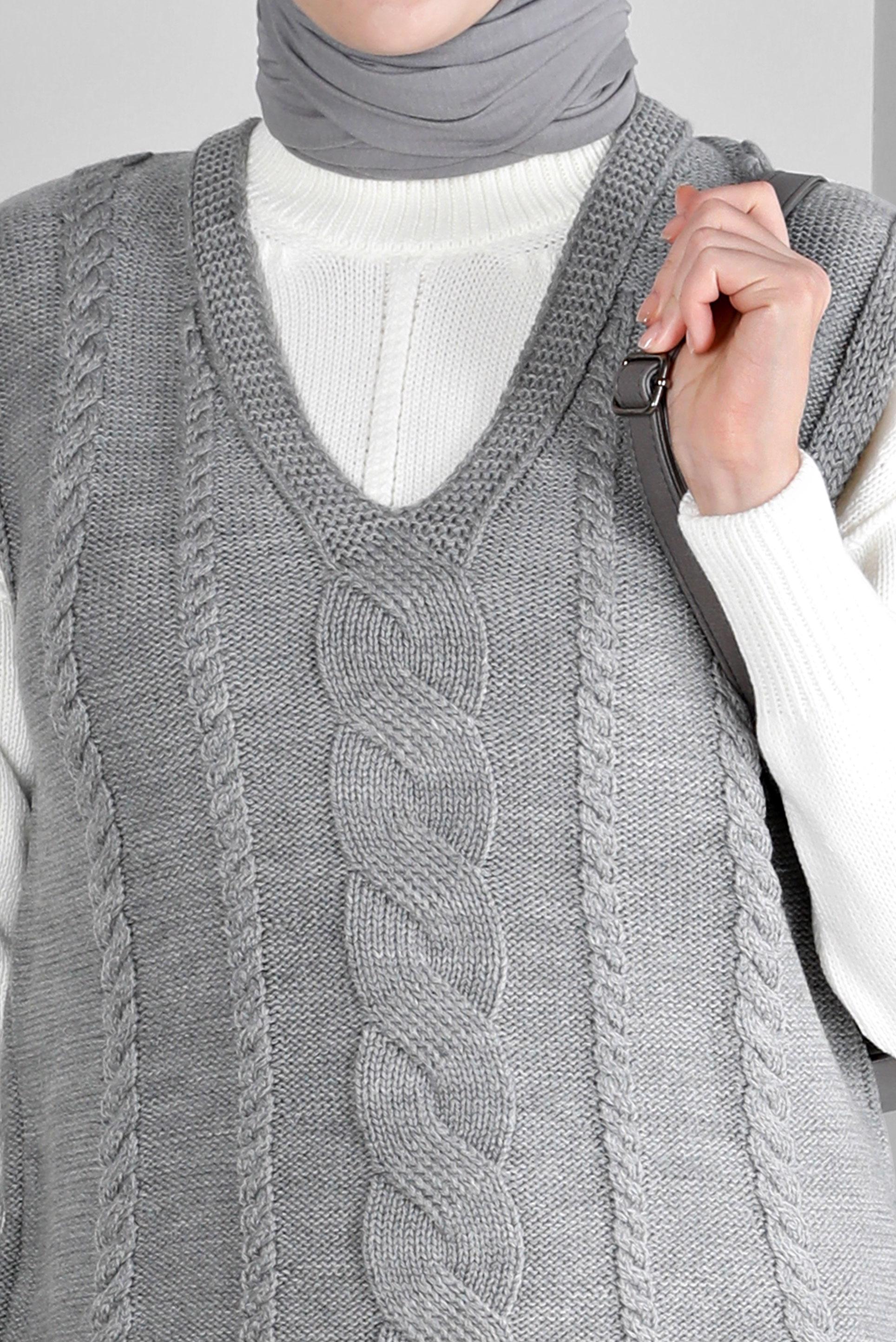 Tesettür giyim GRİ ÖRGÜ DETAYLI TRİKO SÜVETER 43122	