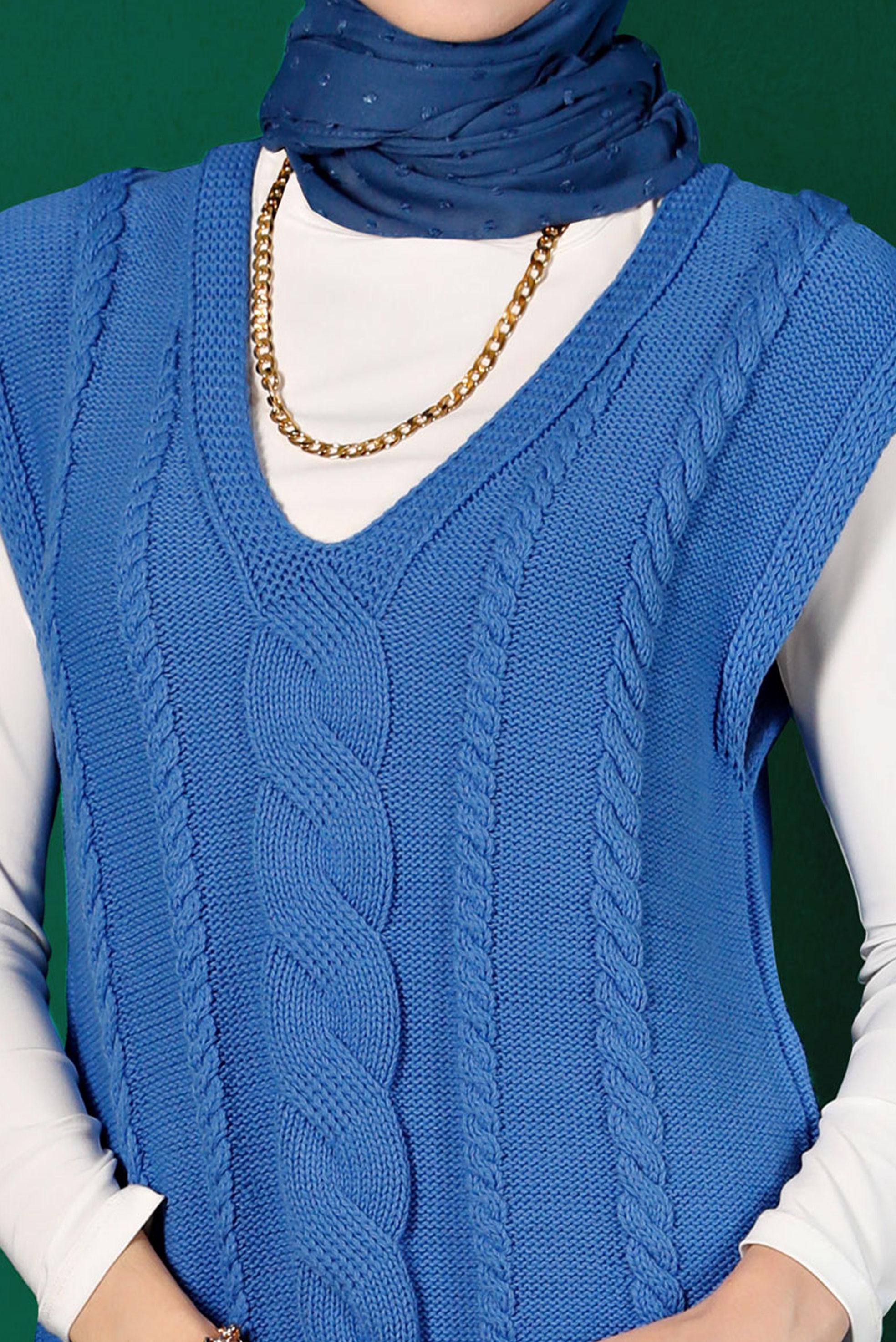 Tesettür giyim MAVİ ÖRGÜ DETAYLI TRİKO SÜVETER 43122	