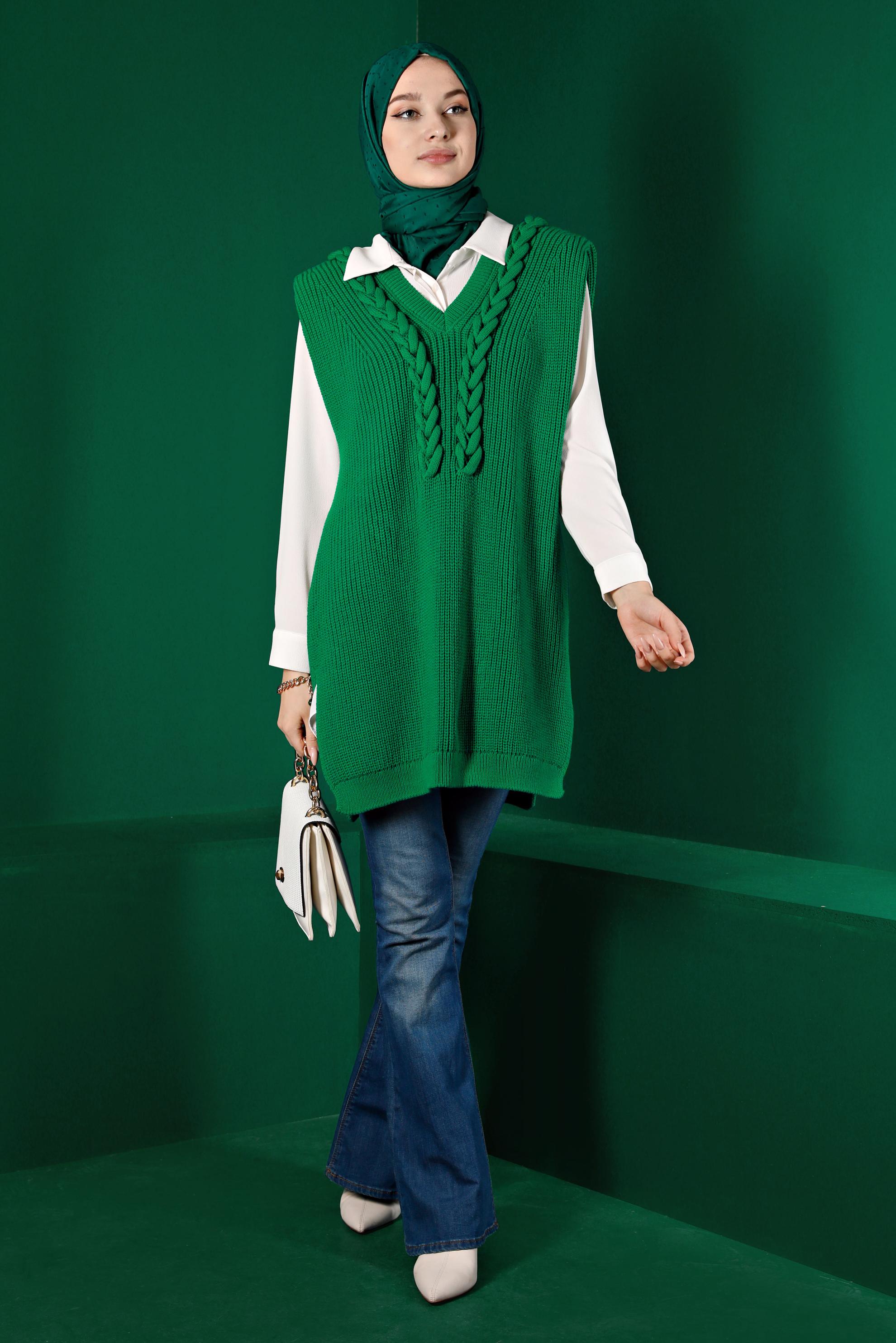 Tesettür giyim YEŞİL VATKALI ÖRGÜ DETAYLI TRİKO SÜVETER 43123	