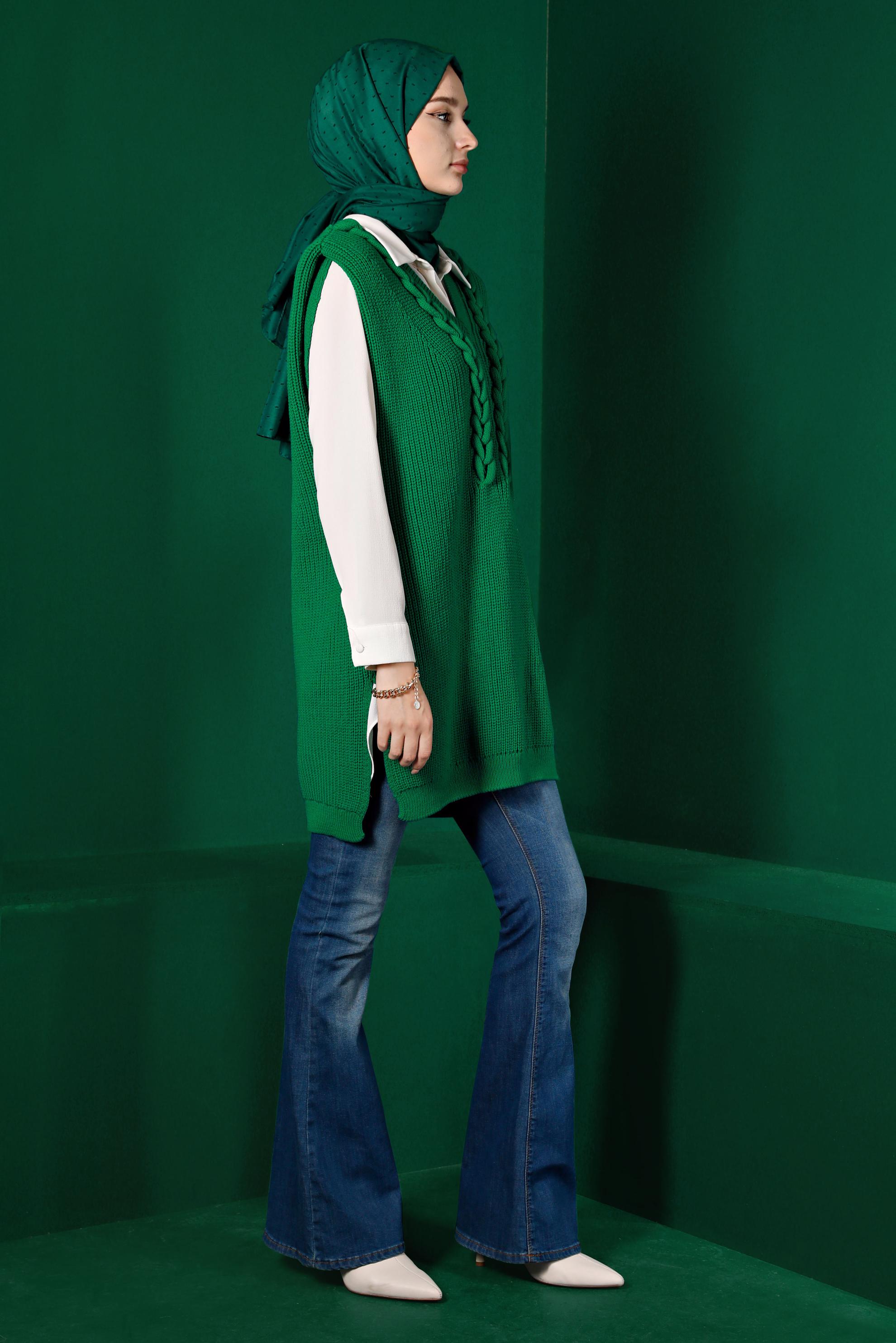 Tesettür giyim YEŞİL VATKALI ÖRGÜ DETAYLI TRİKO SÜVETER 43123	