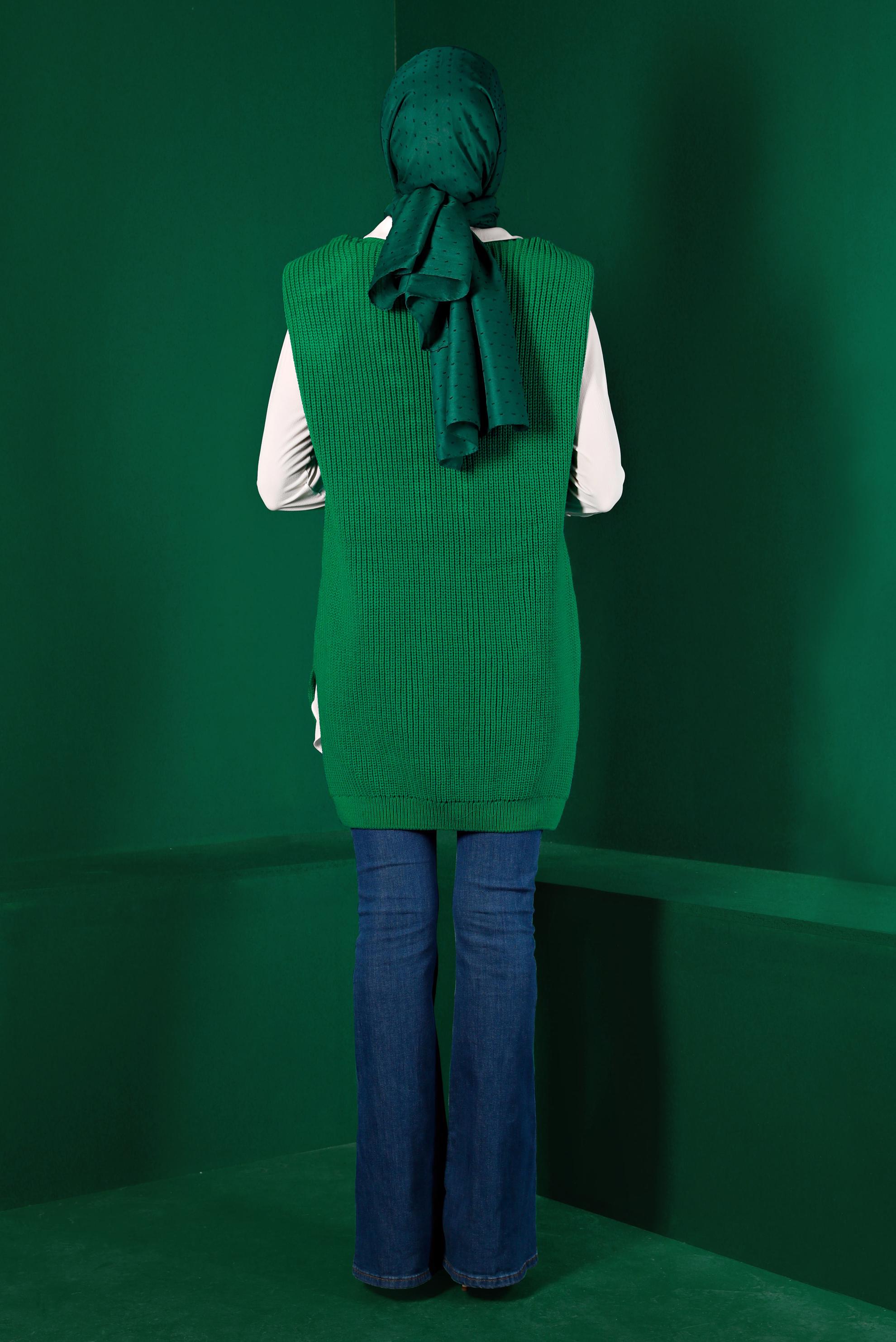 Tesettür giyim YEŞİL VATKALI ÖRGÜ DETAYLI TRİKO SÜVETER 43123	